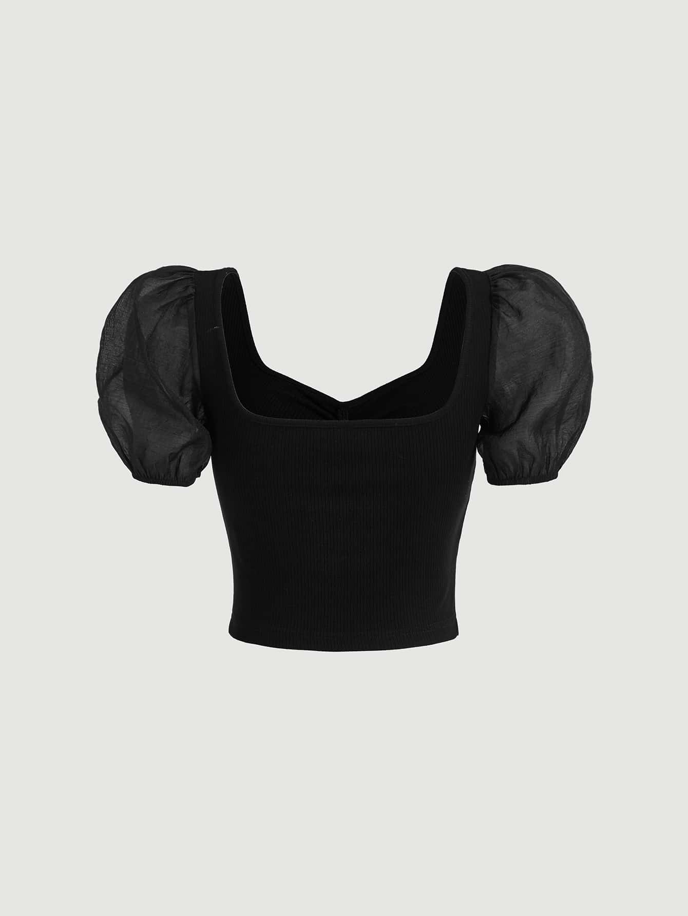 SHEIN MOD Camiseta de malla en contraste de manga farol pecho con fruncido
