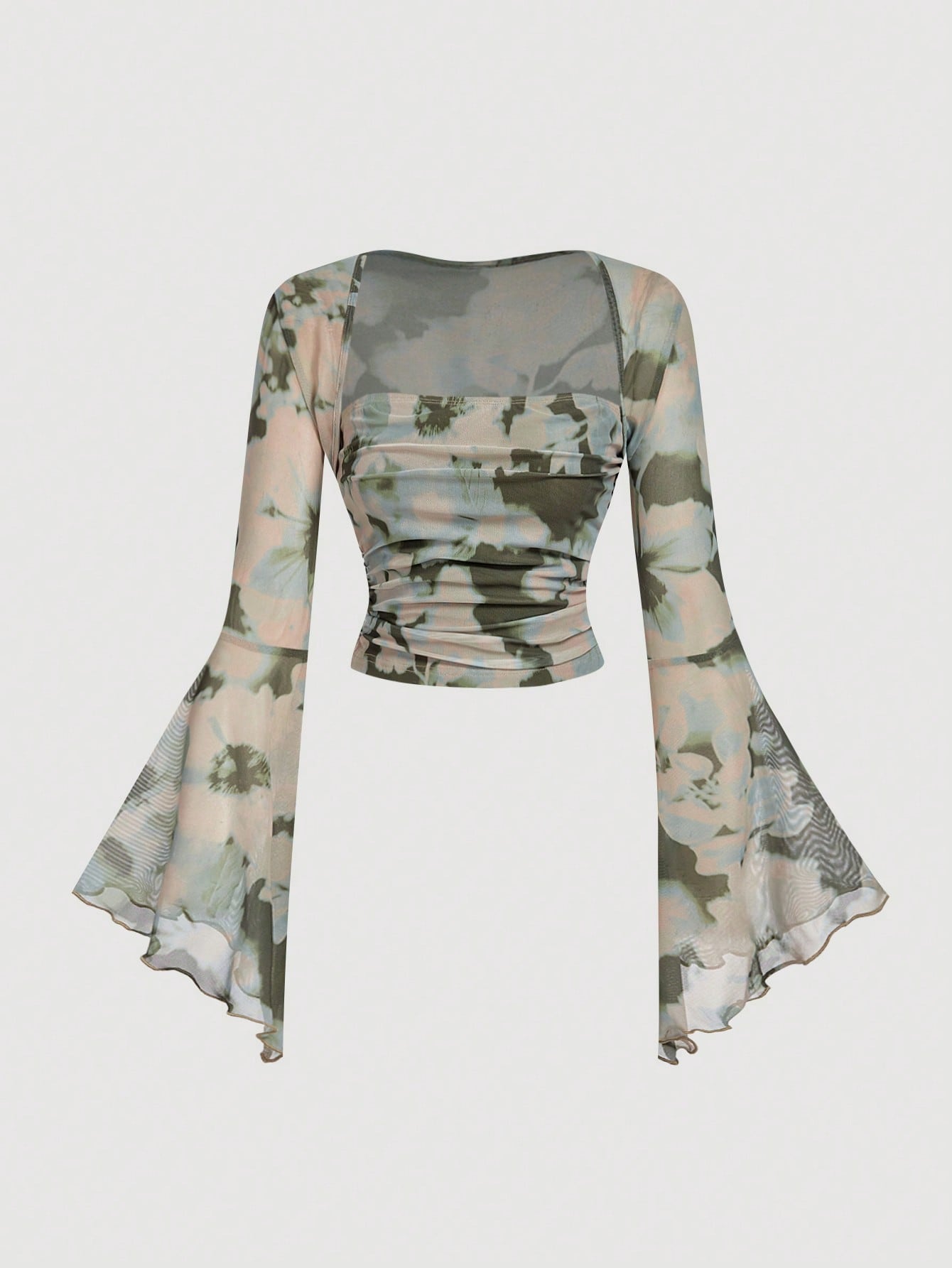 SHEIN MOD Camiseta de mujer con mangas acampanadas y estampado de flores abstractas en tie-dye