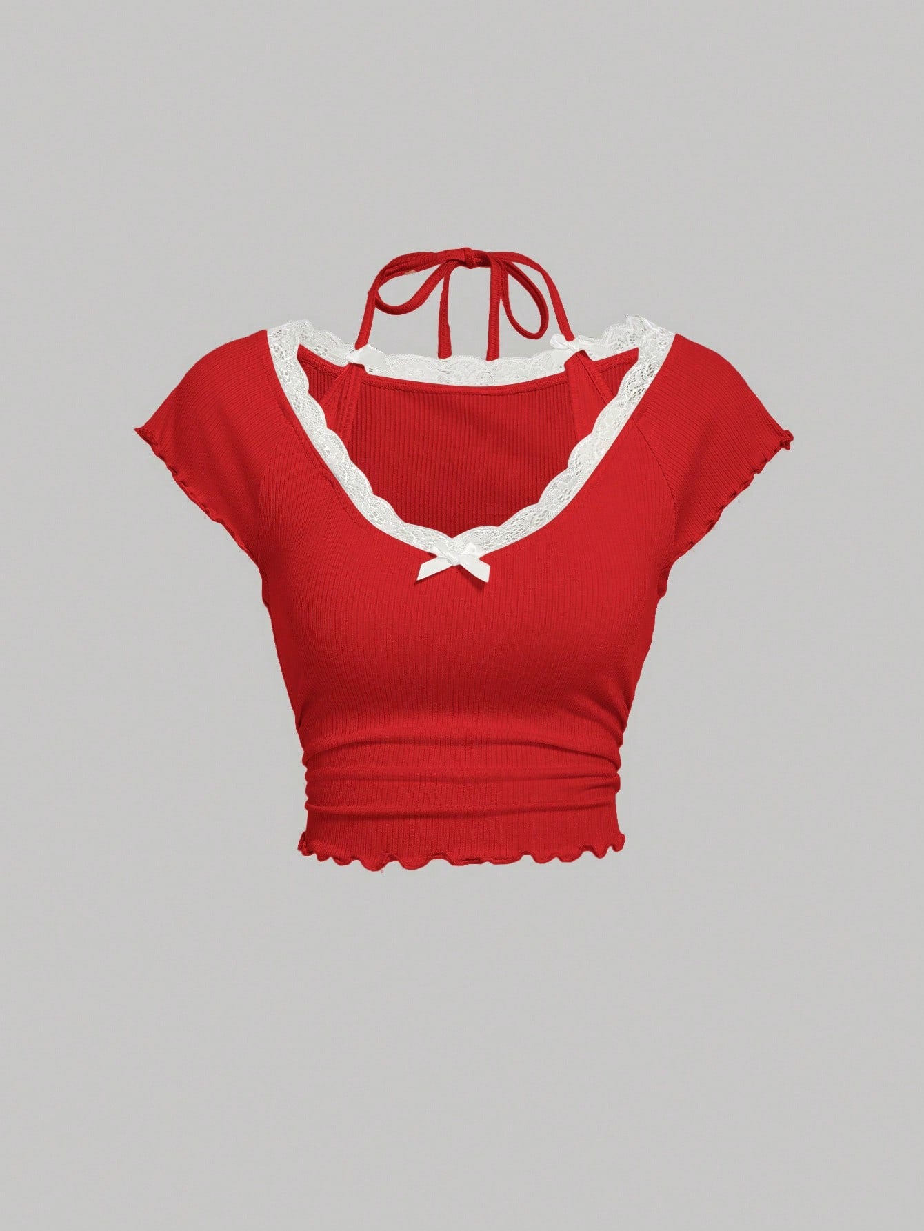 SHEIN MOD Camiseta para mujer con ribete de encaje de primavera y cuello halter con lazo