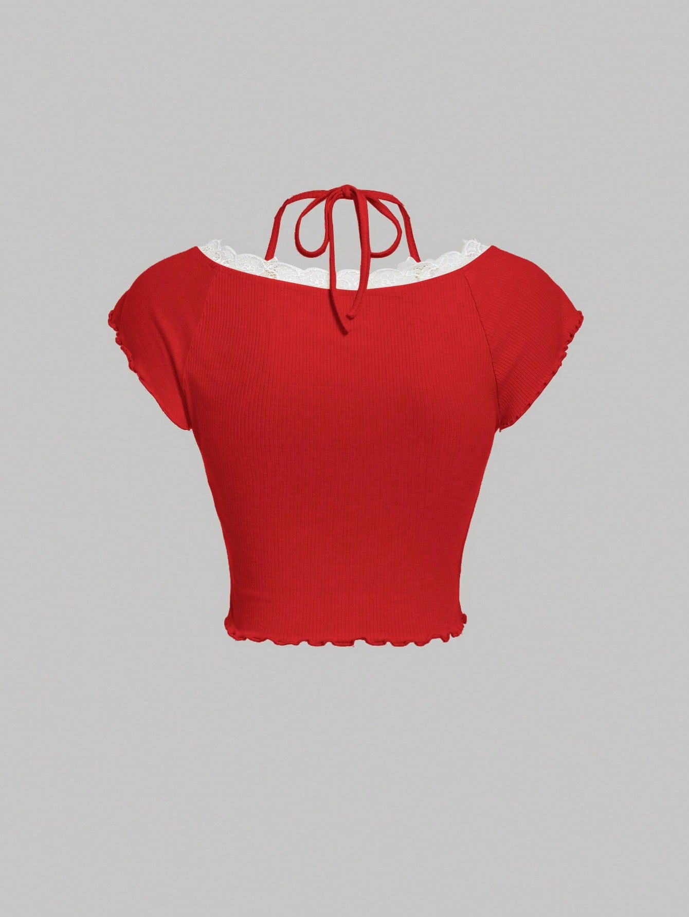 SHEIN MOD Camiseta para mujer con ribete de encaje de primavera y cuello halter con lazo