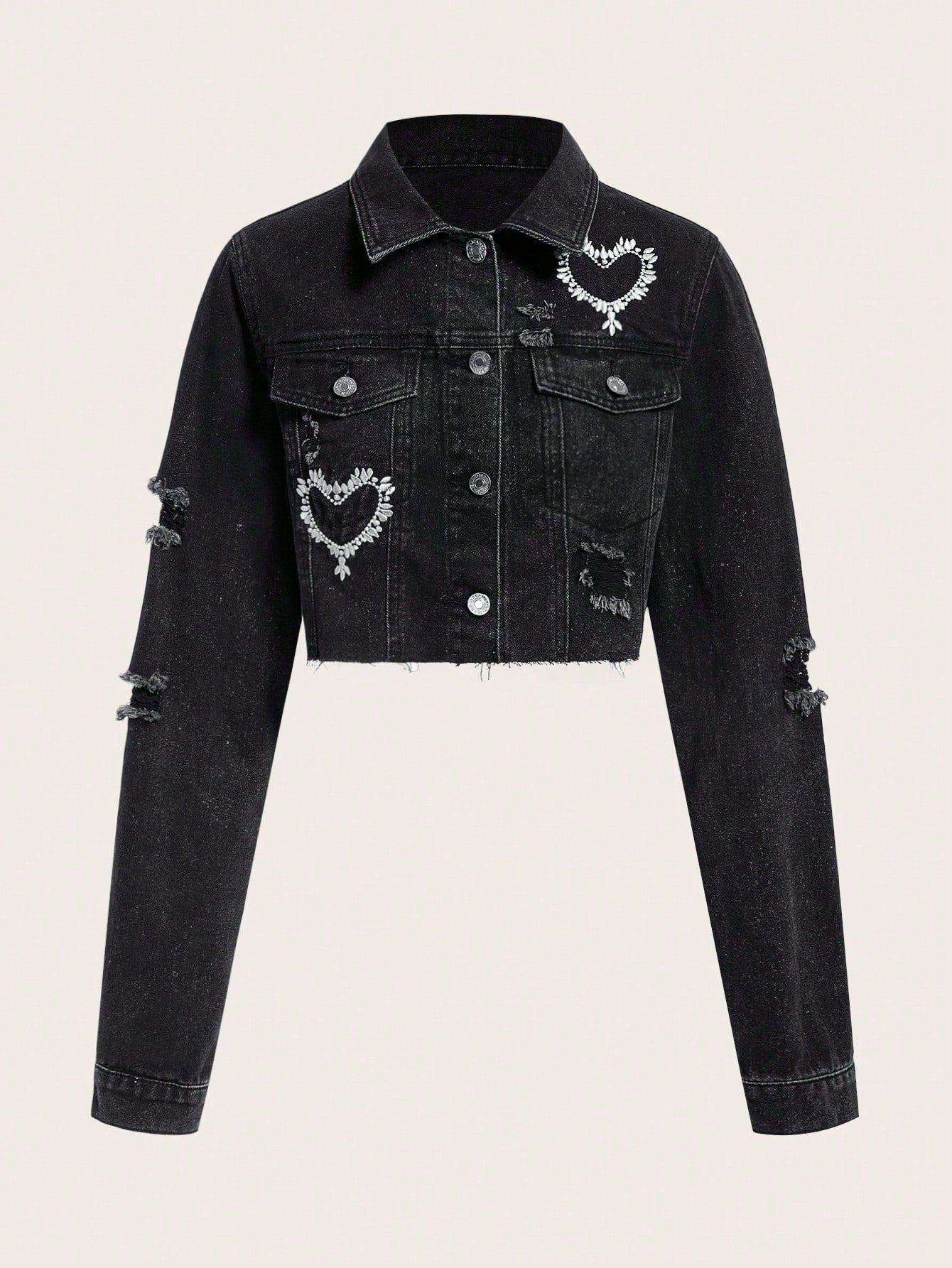 SHEIN MOD Chaqueta denim con bordado de corazón con dobladillo sin rematar
