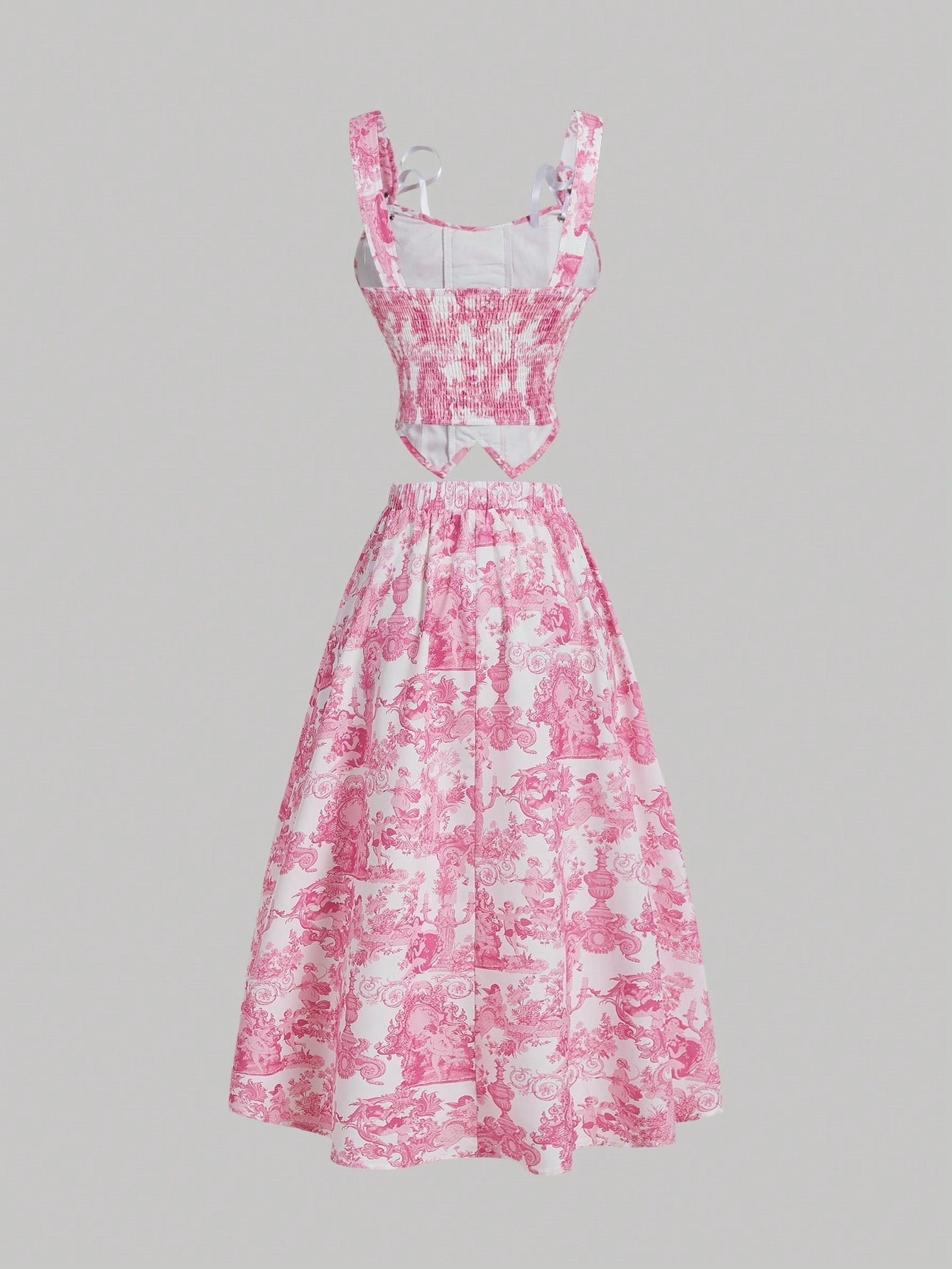 SHEIN MOD Chaleco de mujer con tirantes de lazo y falda midi para mujer con estampado de ángel en azul y blanco