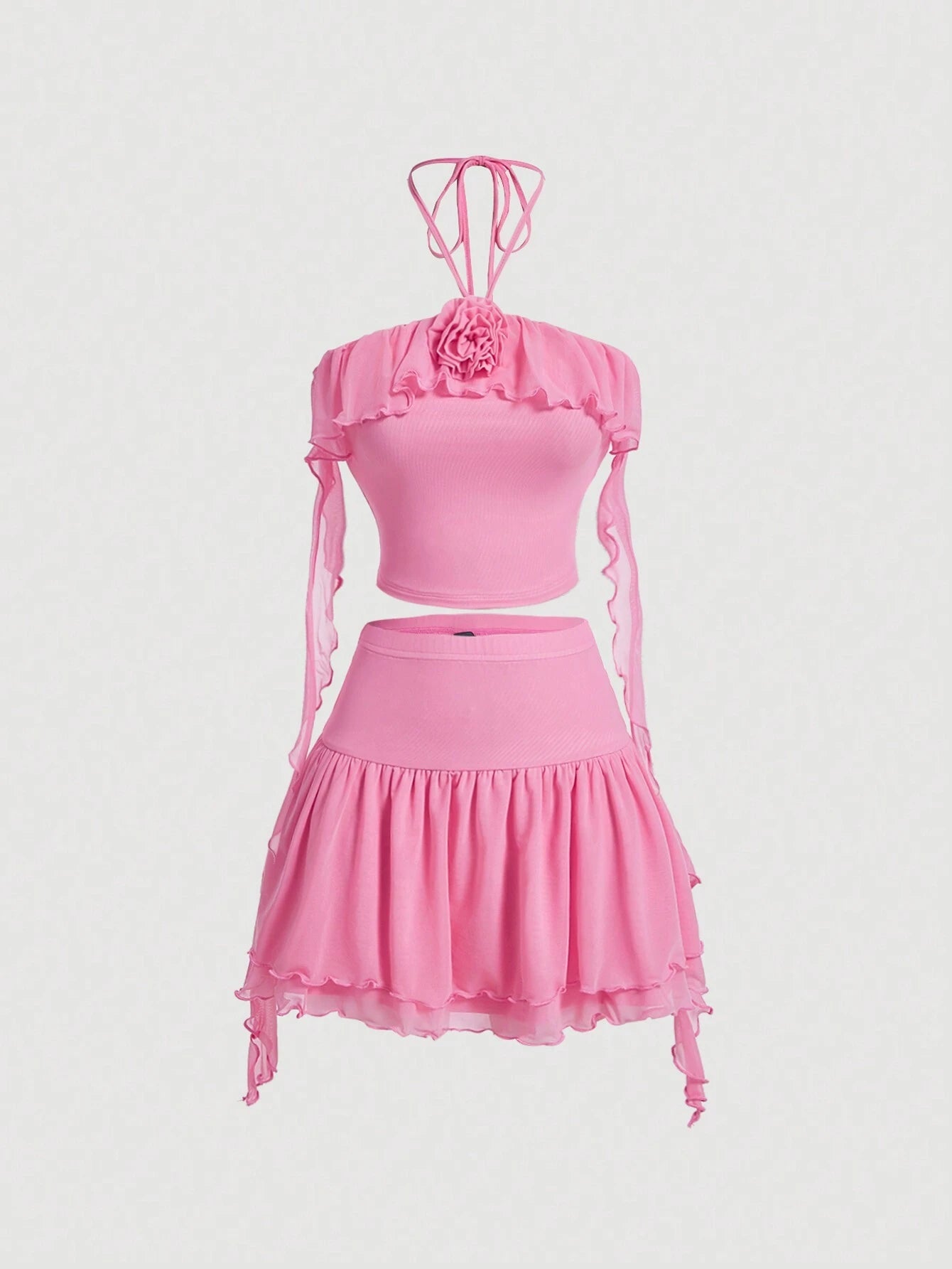 SHEIN MOD Juego De 2 Piezas Para Mujer, Parte Superior De Tanque De Cuello Halter Con Adornos Florales Y Falda Con Borde De Volantes