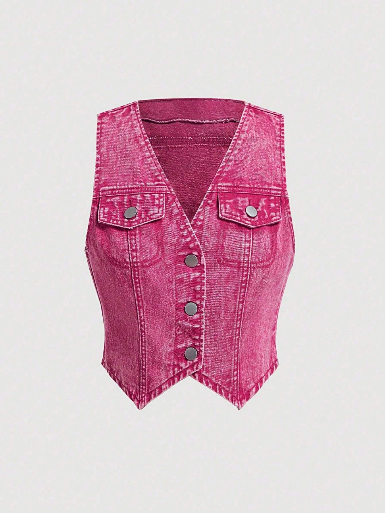 SHEIN MOD Mujeres chaqueta y abrigo de mezclilla sin mangas con escote en V y botones delanteros de unicolor