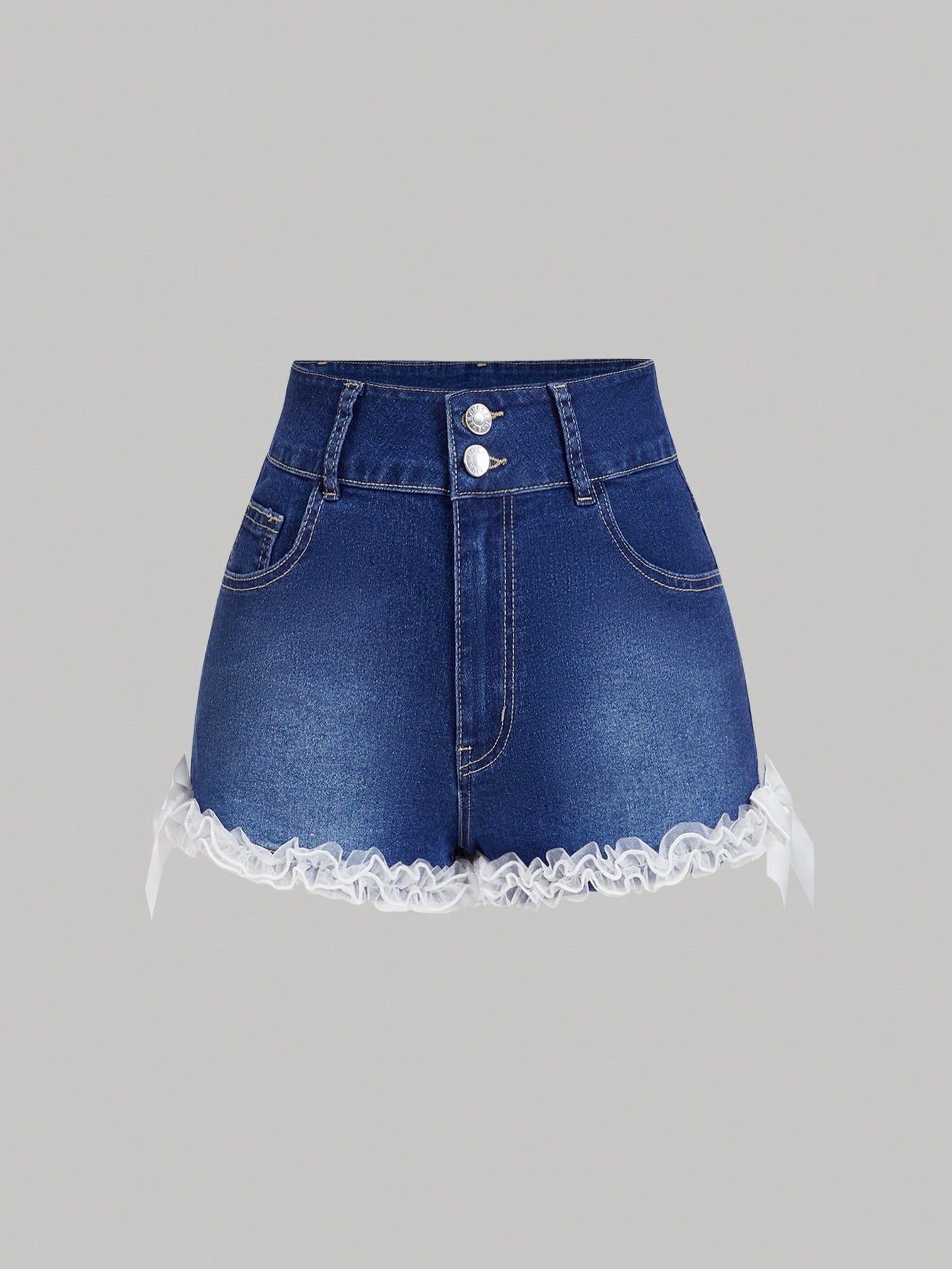 SHEIN MOD Pantalones cortos de mezclilla con volantes en el bajo, decoración de moño y múltiples bolsillos con botones delanteros para mujeres