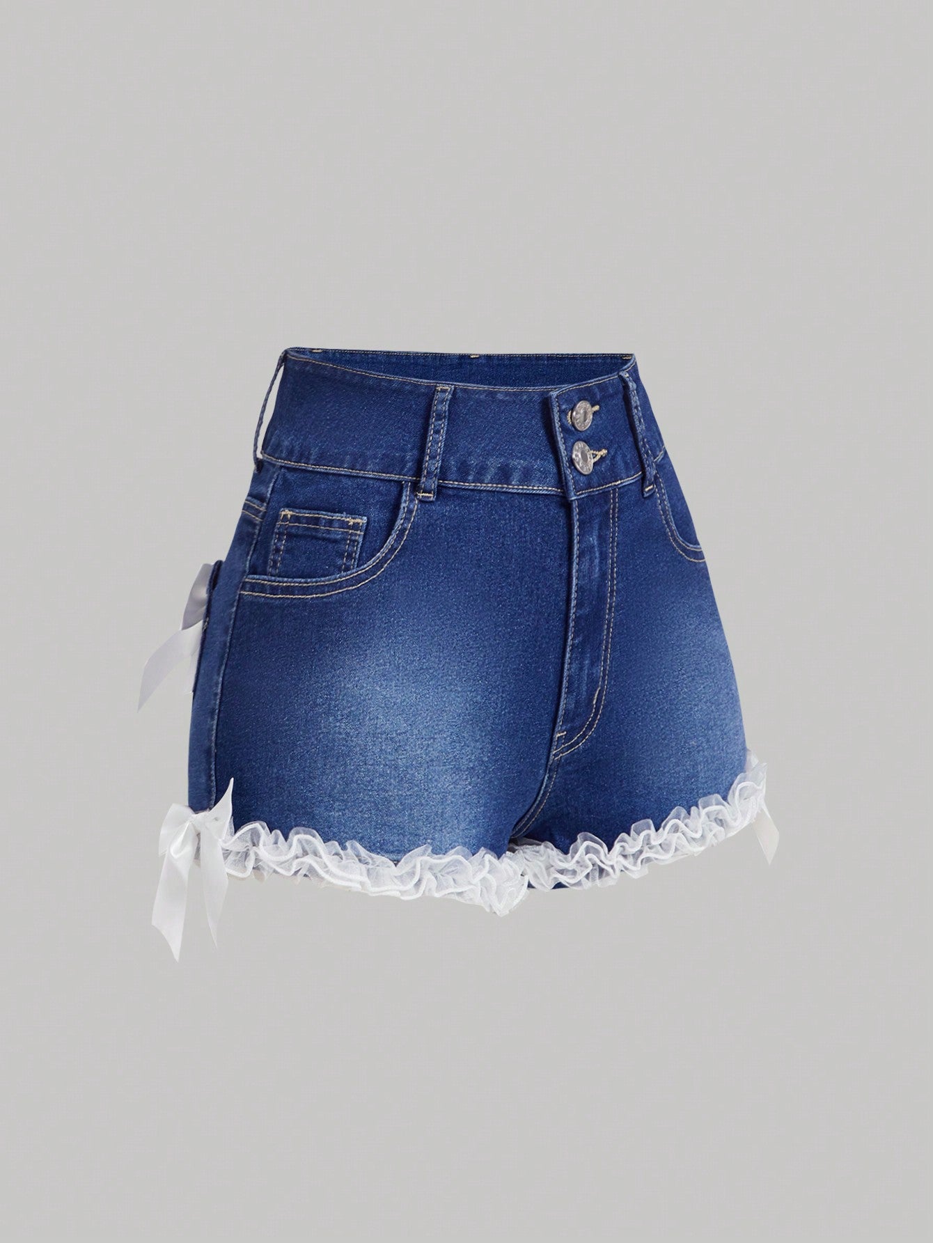 SHEIN MOD Pantalones cortos de mezclilla con volantes en el bajo, decoración de moño y múltiples bolsillos con botones delanteros para mujeres