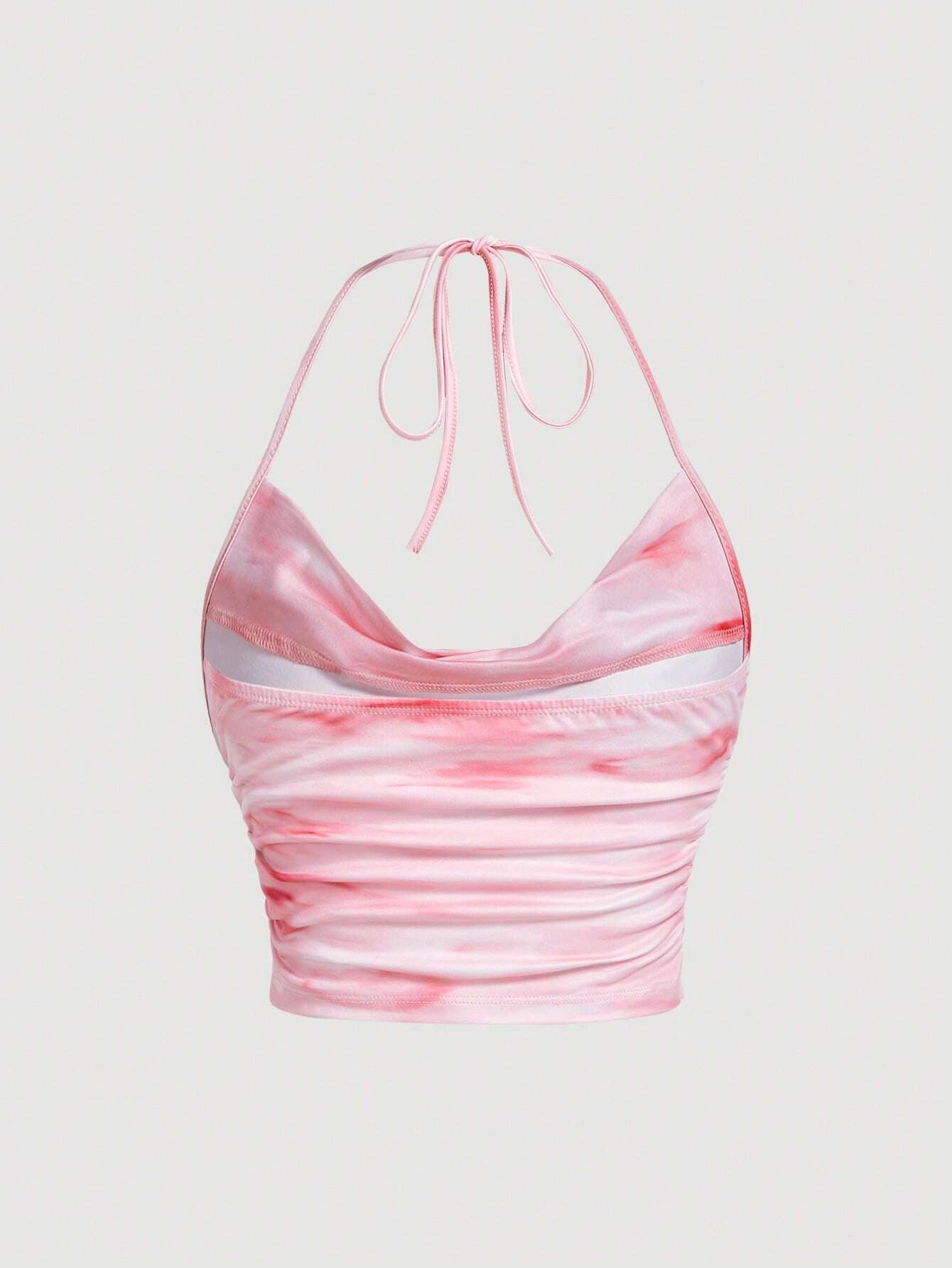 SHEIN MOD Parte superior de halter con cuello drapeado, fruncido en los lados, con lazo en la espalda, estampado ombré, estampado de mármol