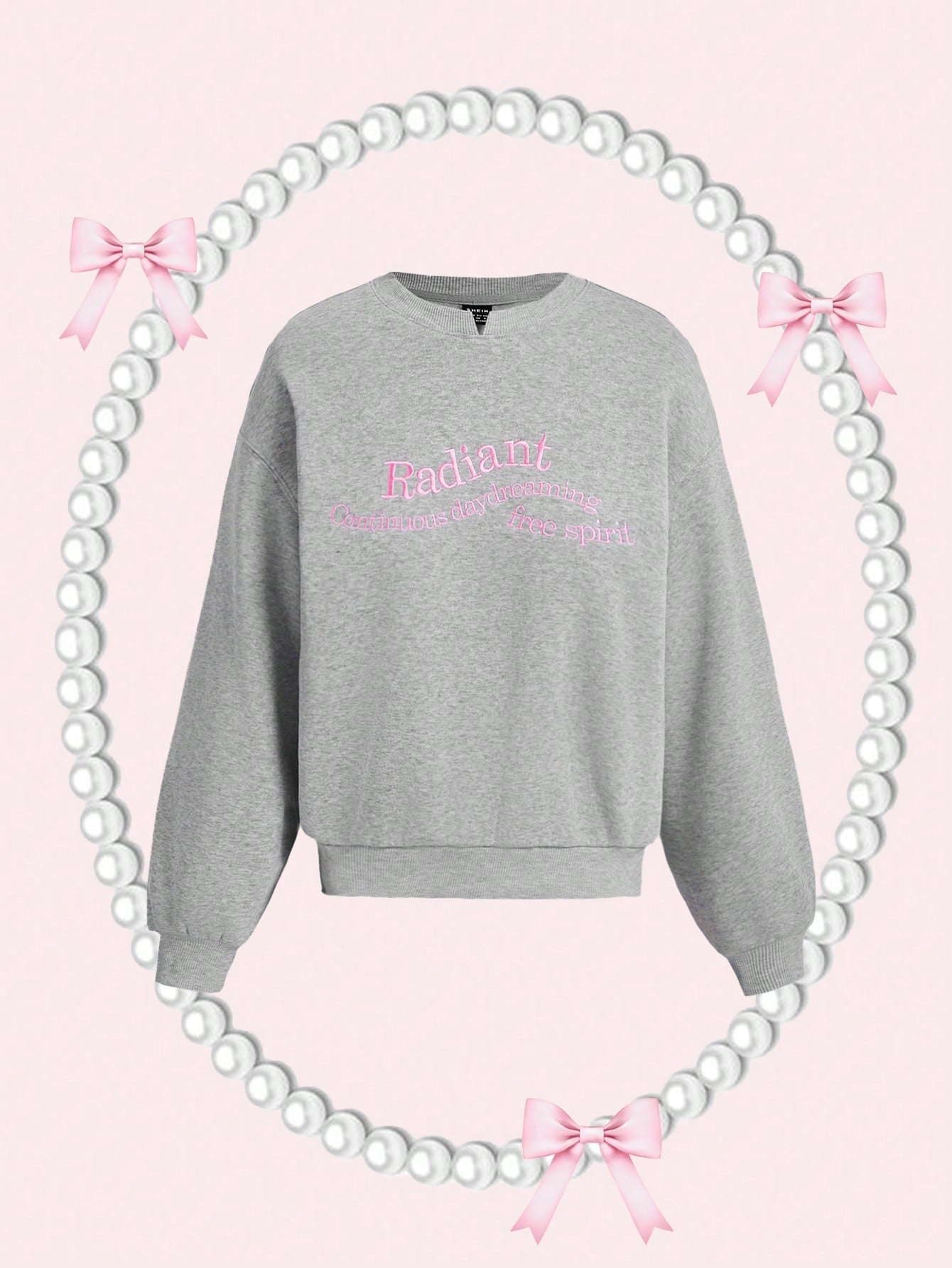 SHEIN MOD Sudadera holgada con cuello redondo gris, bordada adorablemente, ropa de regreso a la escuela, sudadera gris, sudadera con cuello redondo, atuendos de otoño para mujer