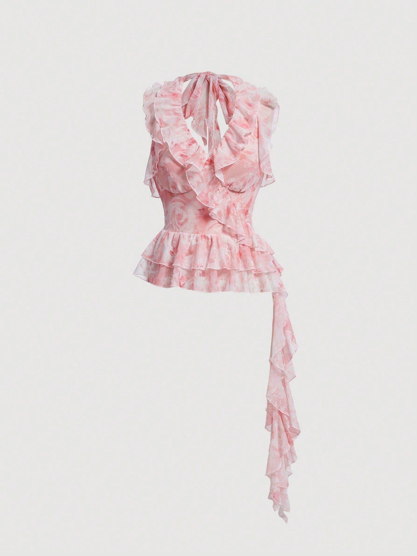 SHEIN MOD Top De Cuello Halter Con Estampado De Rosas Y Ribete Con Volantes Y Lazada Trasera