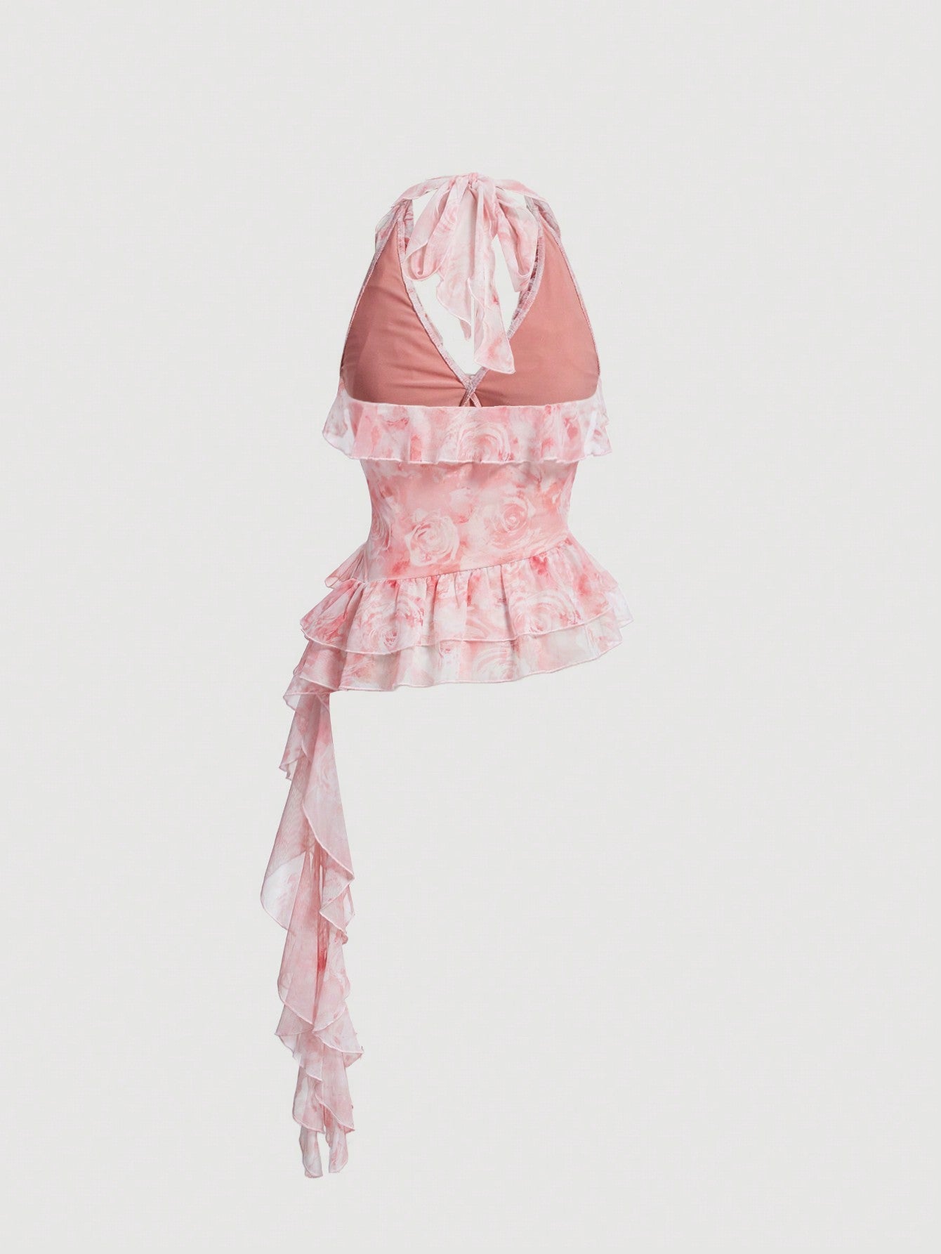 SHEIN MOD Top De Cuello Halter Con Estampado De Rosas Y Ribete Con Volantes Y Lazada Trasera