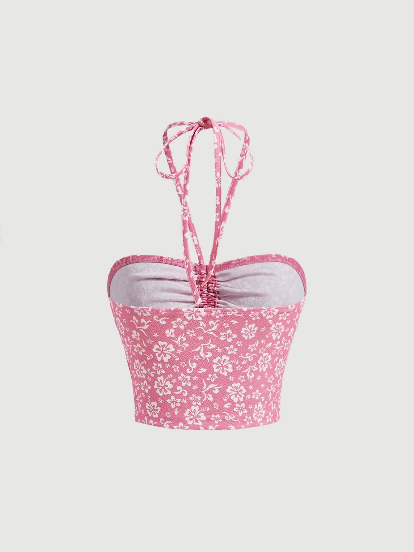 SHEIN MOD Top Rosa Corto De Verano Con Diseño De Flores En Todo El Ruched Y Cuello Halter