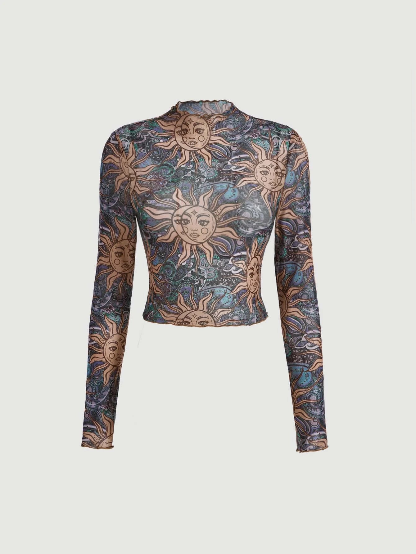 SHEIN MOD Top crop con estampado de sol y luna ribete en forma de lechuga de cuello alto