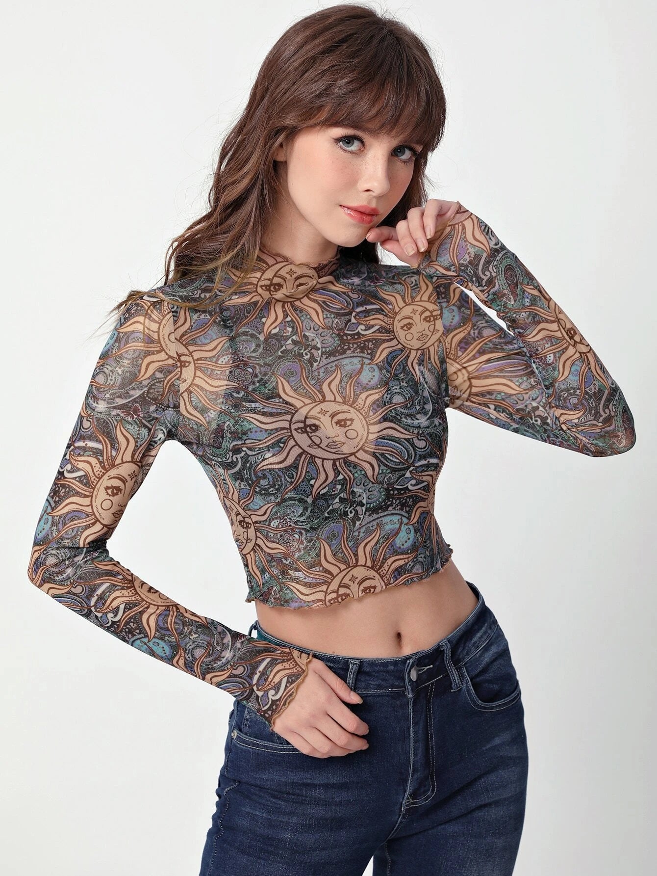 SHEIN MOD Top crop con estampado de sol y luna ribete en forma de lechuga de cuello alto