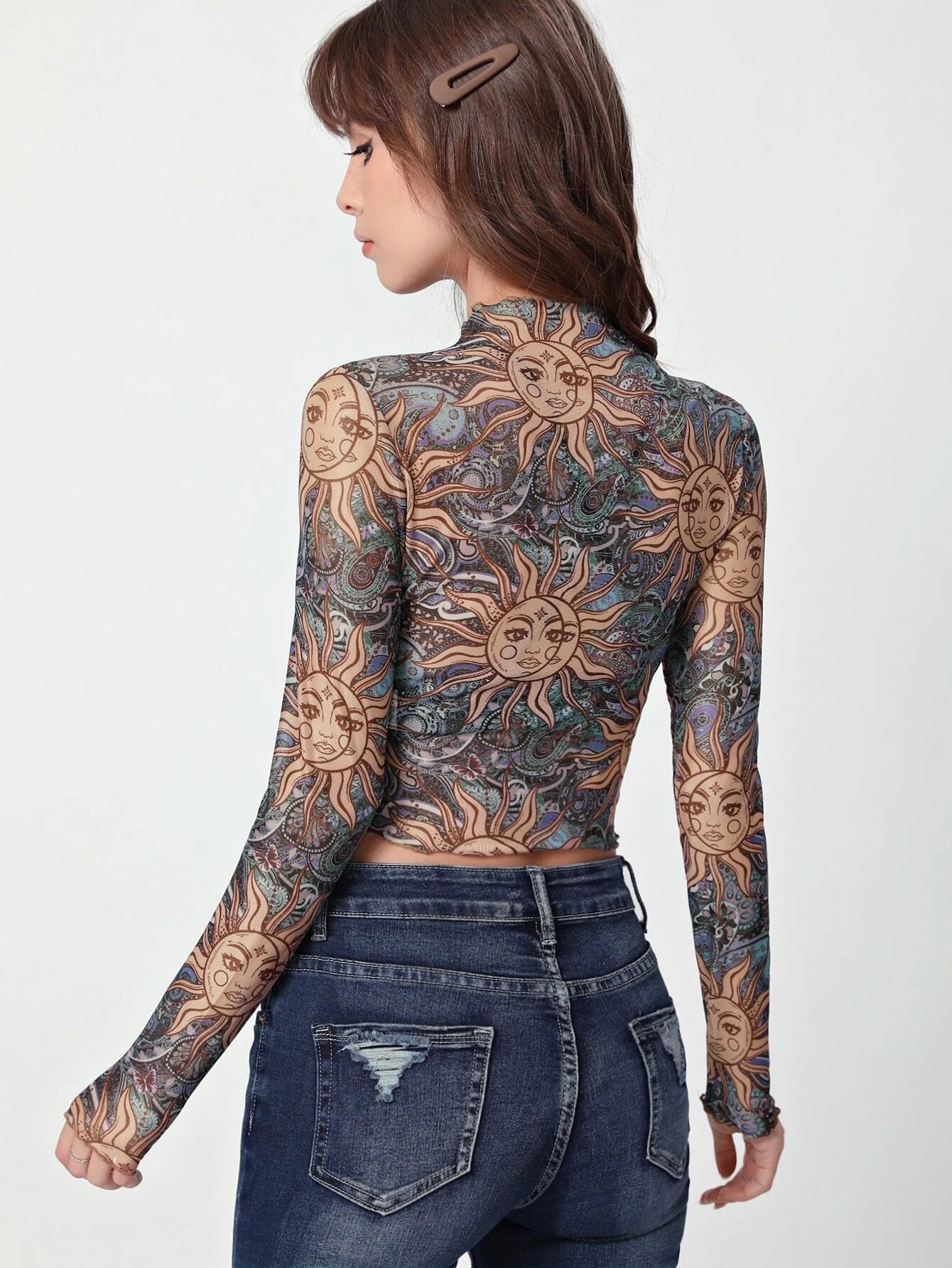 SHEIN MOD Top crop con estampado de sol y luna ribete en forma de lechuga de cuello alto