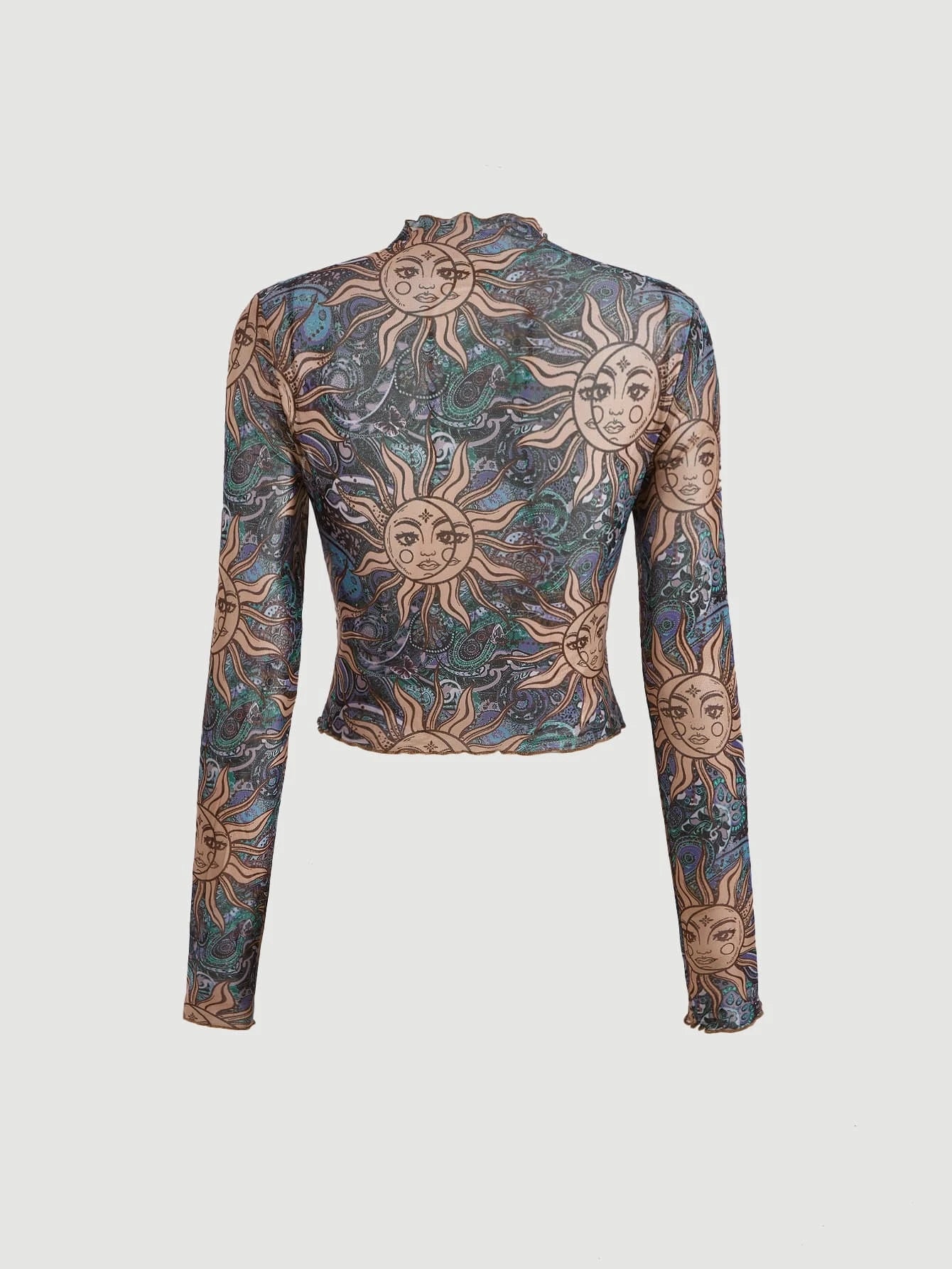 SHEIN MOD Top crop con estampado de sol y luna ribete en forma de lechuga de cuello alto