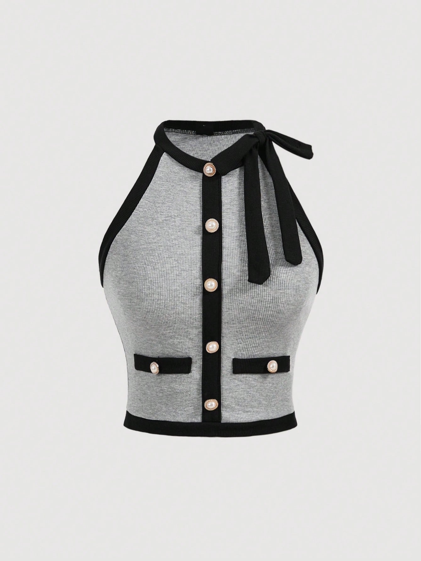 SHEIN MOD Top sin mangas de cuello redondo para mujer con decoración de botones y lazo en blanco y negro, estilo patchwork, perfecto para una cita nocturna