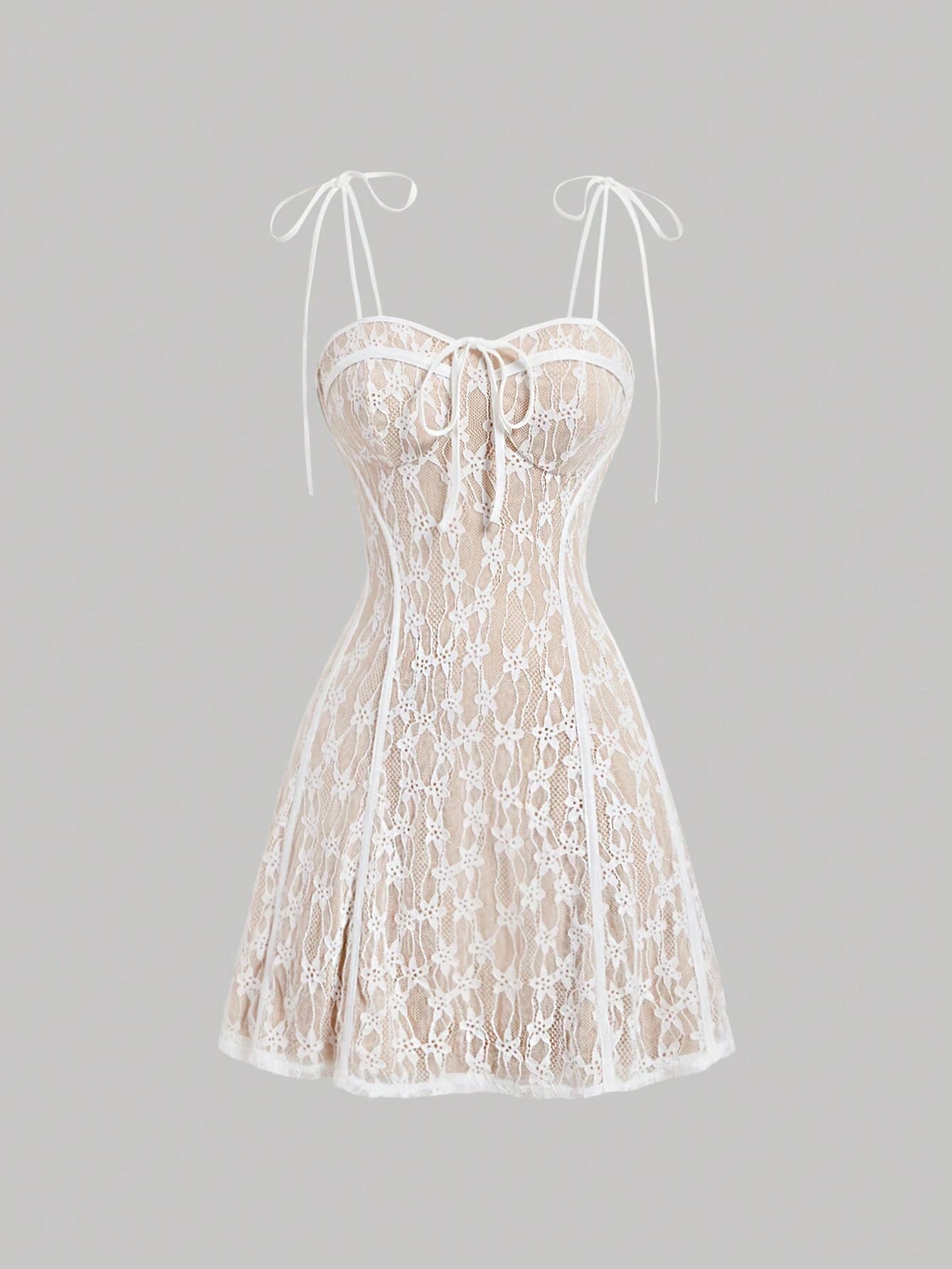 SHEIN MOD Vestido blanco ajustado al Body con textura de encaje, dobladillo de sirena, tirantes de hombro con lazo y detalle de varillas, línea A, para mujeres