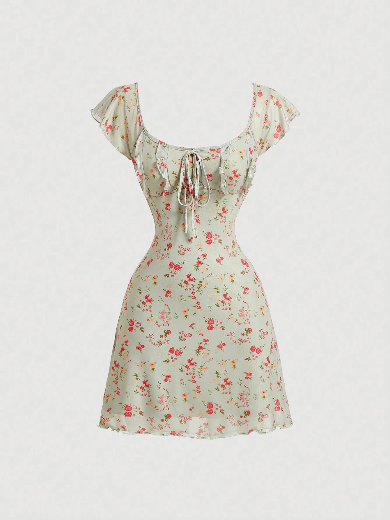 SHEIN MOD Vestido casual para mujer con cuello redondo y pliegues en el pecho con estampado vintage de flores