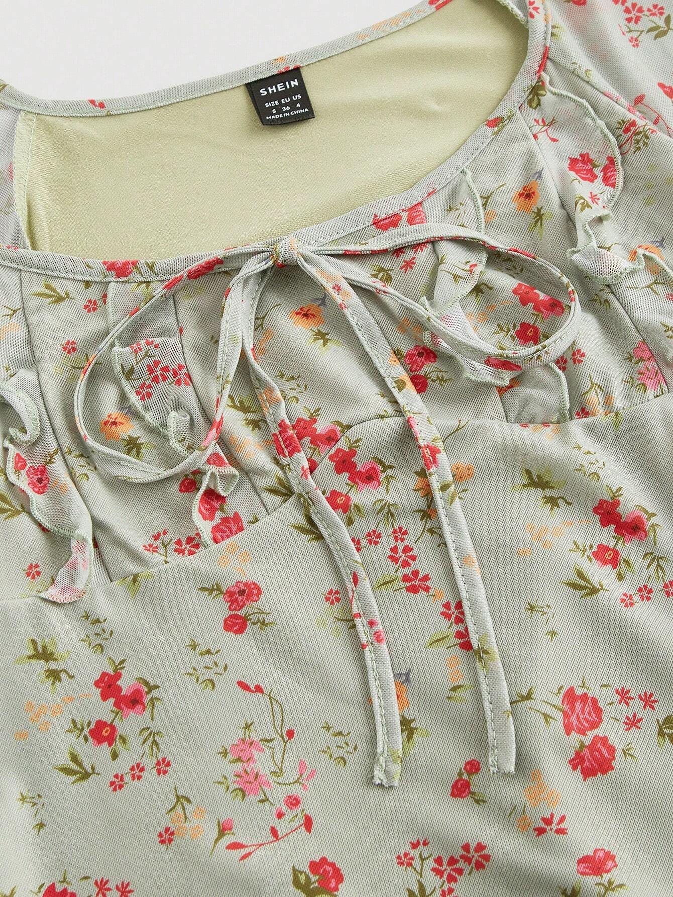 SHEIN MOD Vestido casual para mujer con cuello redondo y pliegues en el pecho con estampado vintage de flores