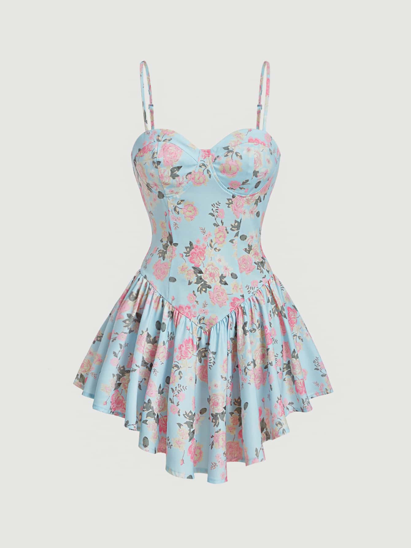 SHEIN MOD Vestido de tirantes con estampado floral bajo con fruncido