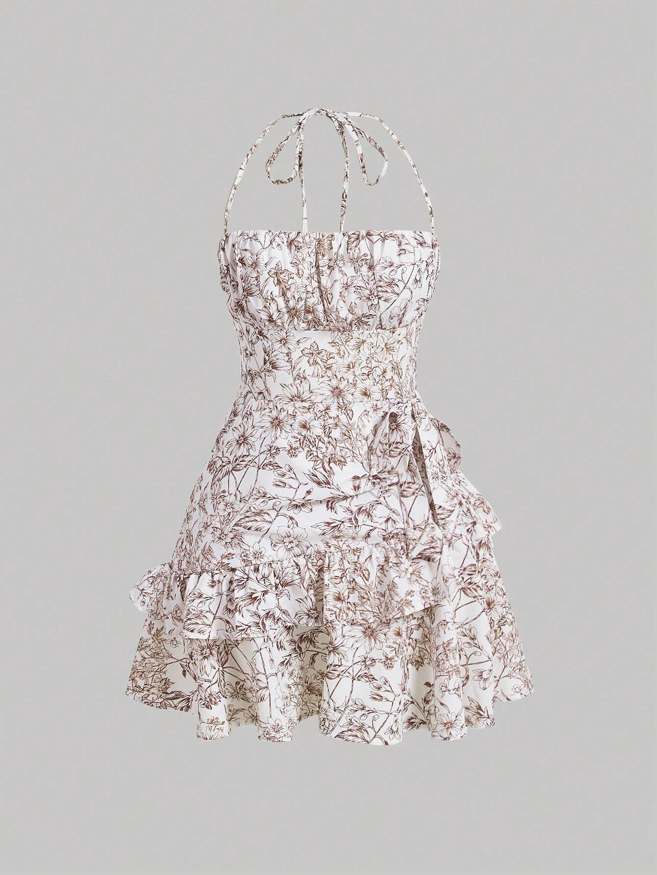 SHEIN MOD Vestido halter con estampado floral ribete con fruncido de espalda abierta con cordón