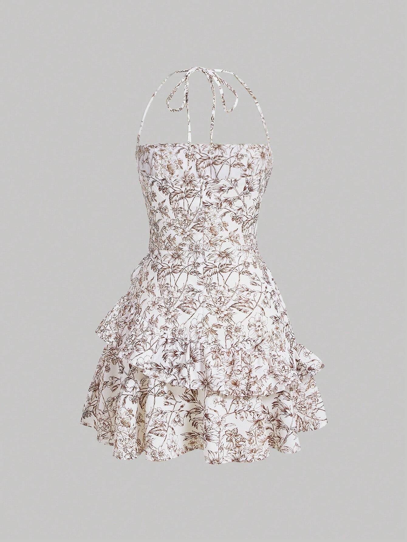 SHEIN MOD Vestido halter con estampado floral ribete con fruncido de espalda abierta con cordón