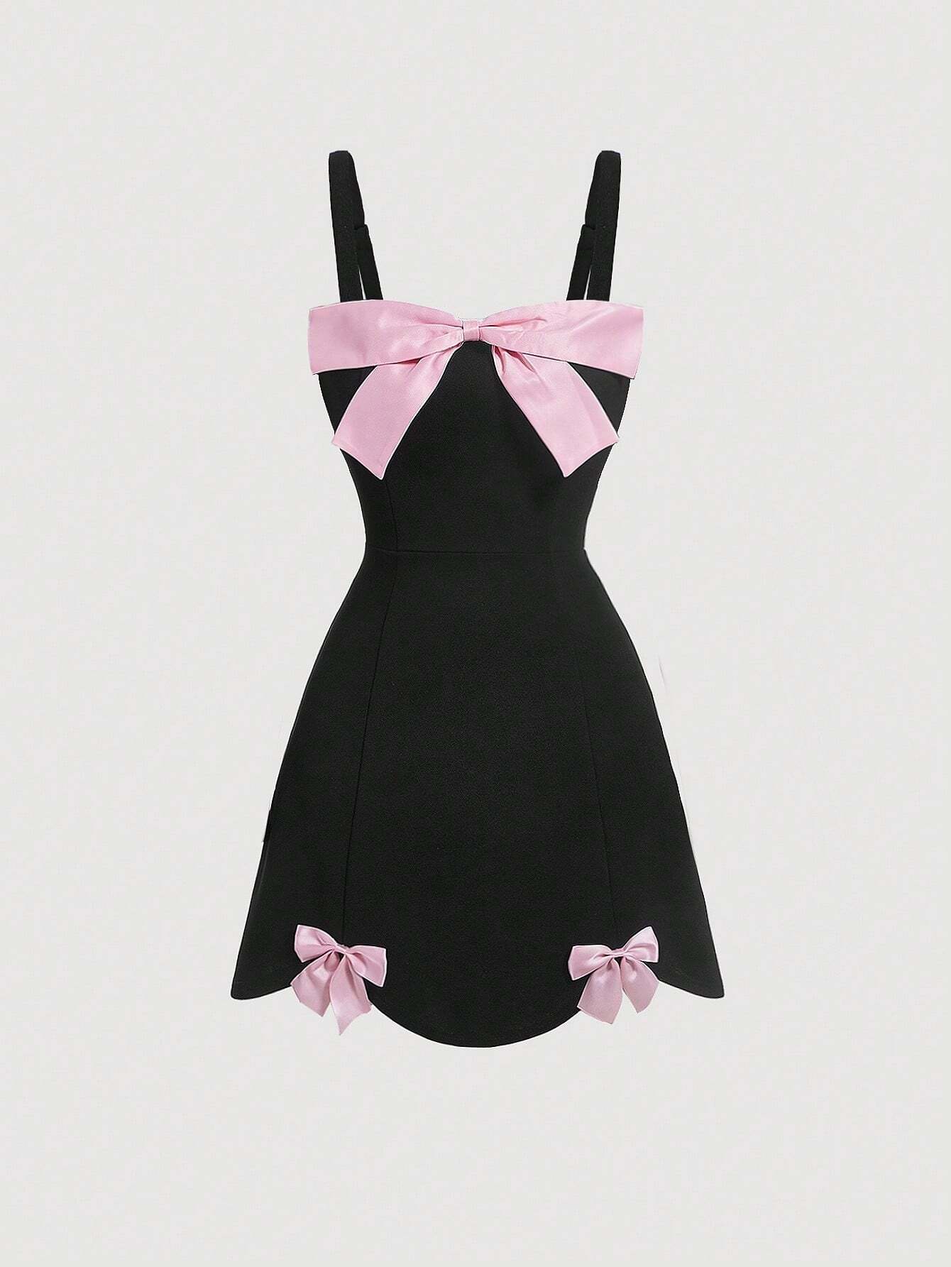 SHEIN MOD Vestido negro lindo para mujer con gran lazo en bloque de color y bajo asimétrico, vestido negro con lazo rosa y bajo curvo delante, vestido de Kentucky Derby