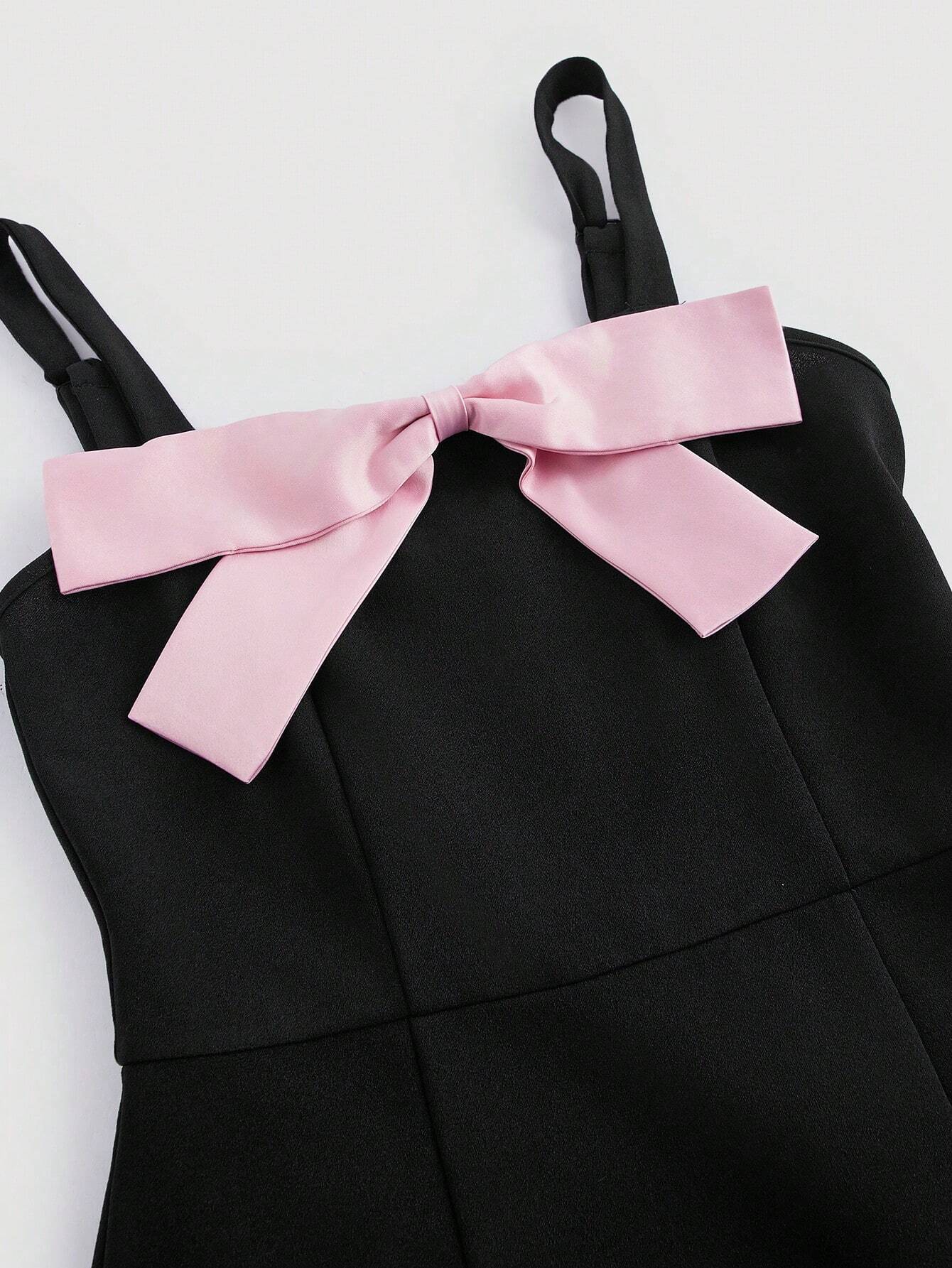 SHEIN MOD Vestido negro lindo para mujer con gran lazo en bloque de color y bajo asimétrico, vestido negro con lazo rosa y bajo curvo delante, vestido de Kentucky Derby