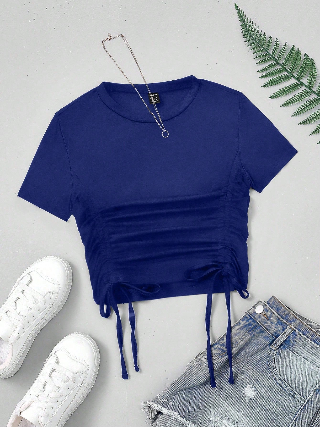 SHEIN MOOSTA Camiseta casual y elegante para mujer con cuello redondo, manga corta, volantes y lazo