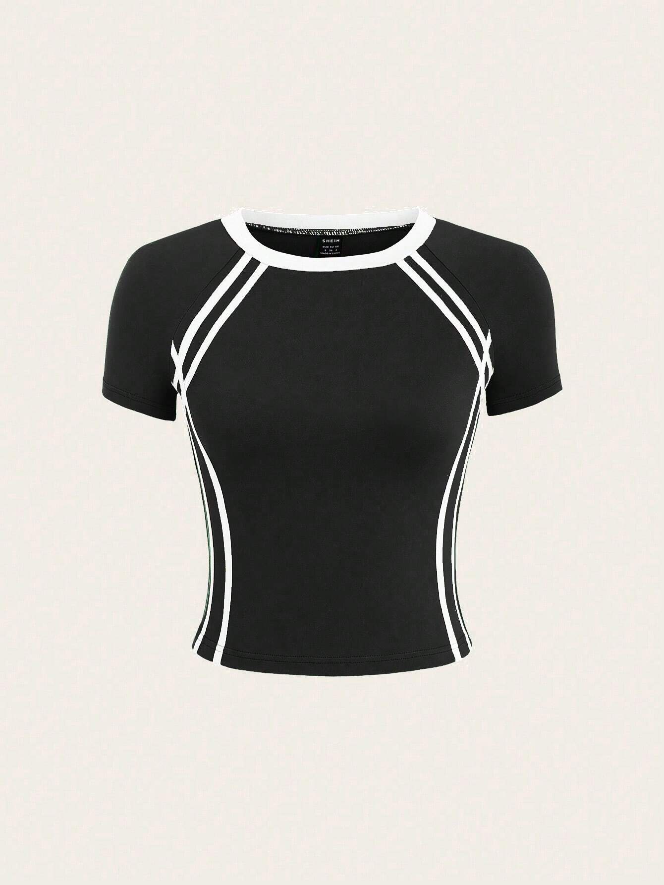 SHEIN EZwear Camiseta de ajuste ceñido de manga corta y cuello redondo con contraste de colores para mujer