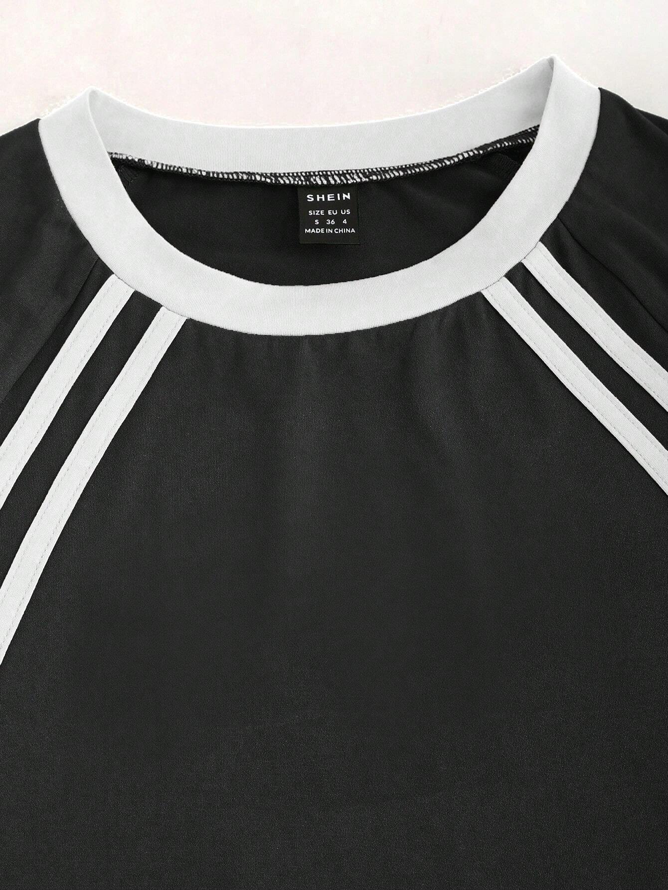 SHEIN EZwear Camiseta de ajuste ceñido de manga corta y cuello redondo con contraste de colores para mujer
