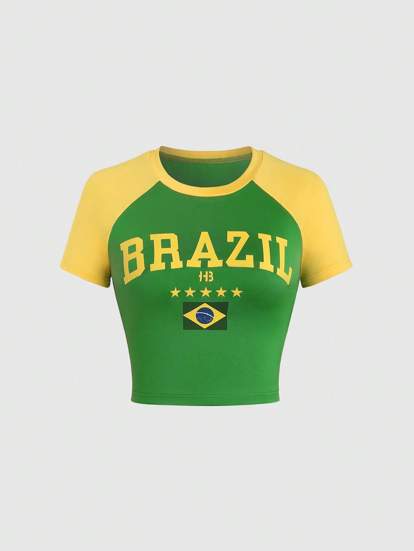 SHEIN EZwear Camiseta de mujer de manga corta con cuello redondo y estampado brasileño de bloques de color