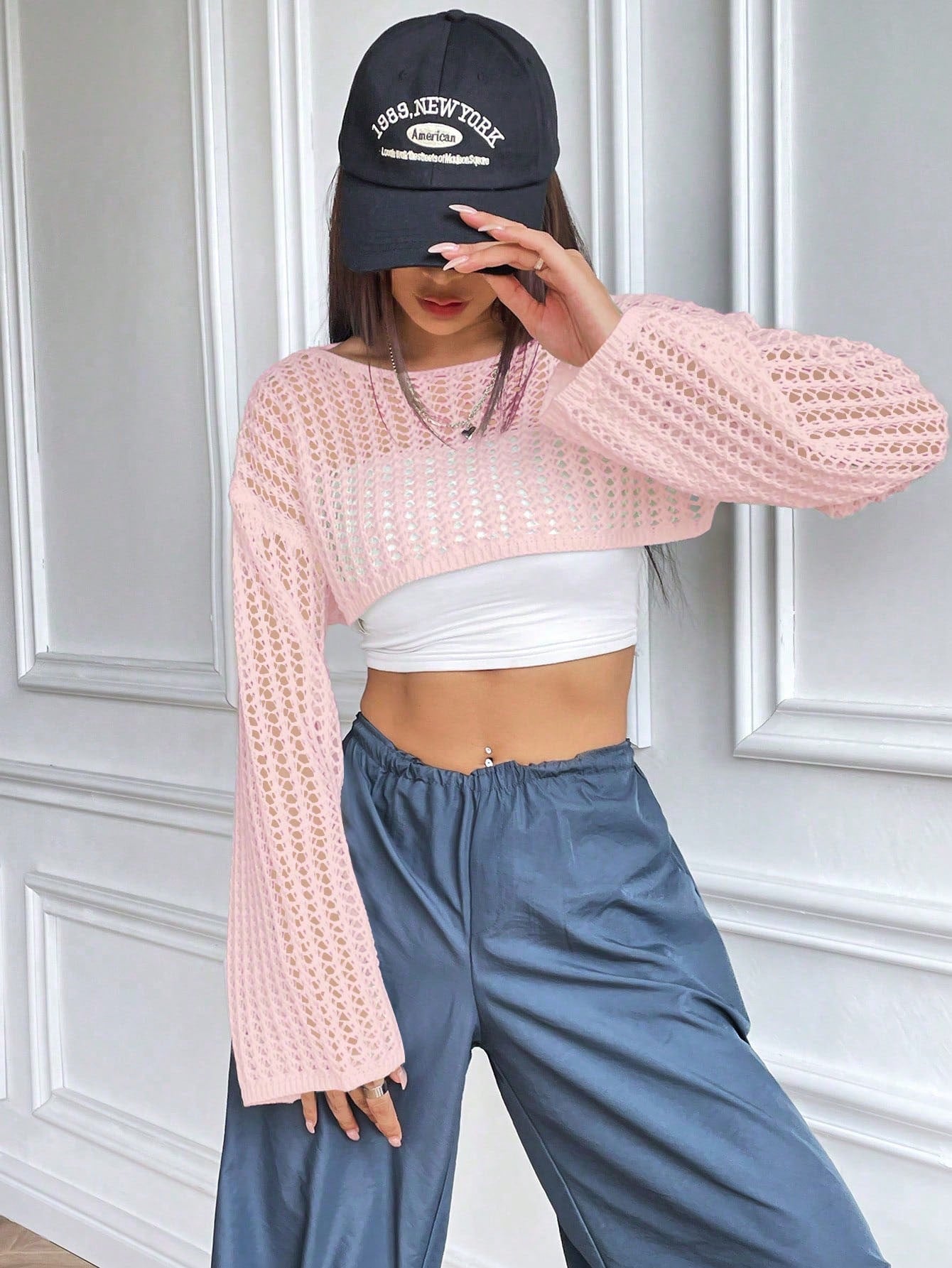 SHEIN MOOSTA Suéter casual holgado para mujer con cuello redondo, hombros caídos y corte hueco sexy