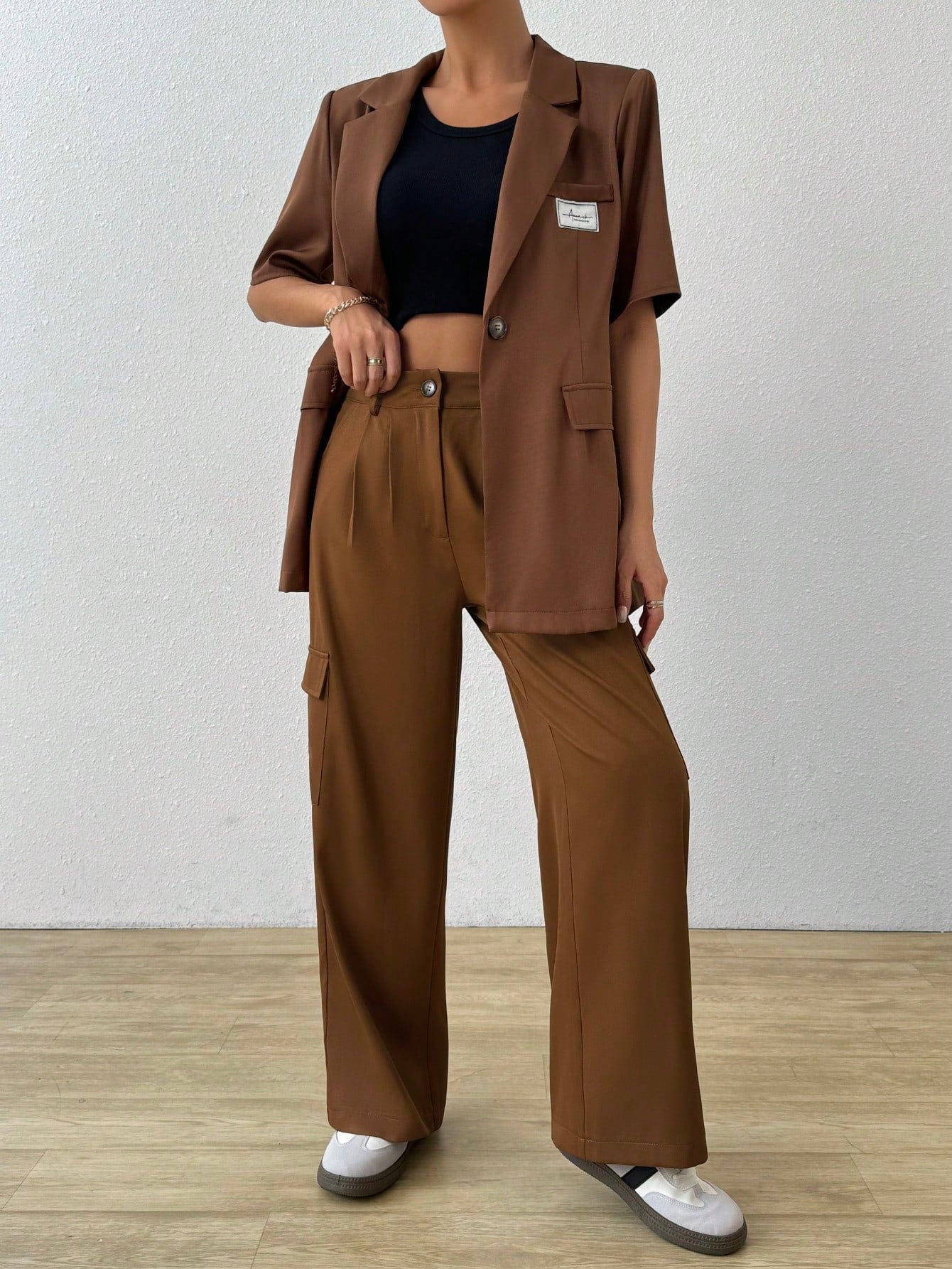 SHEIN Mulvari Pantalones de traje rectos de pierna recta con cintura alta, bolsillo de solapa en el costado