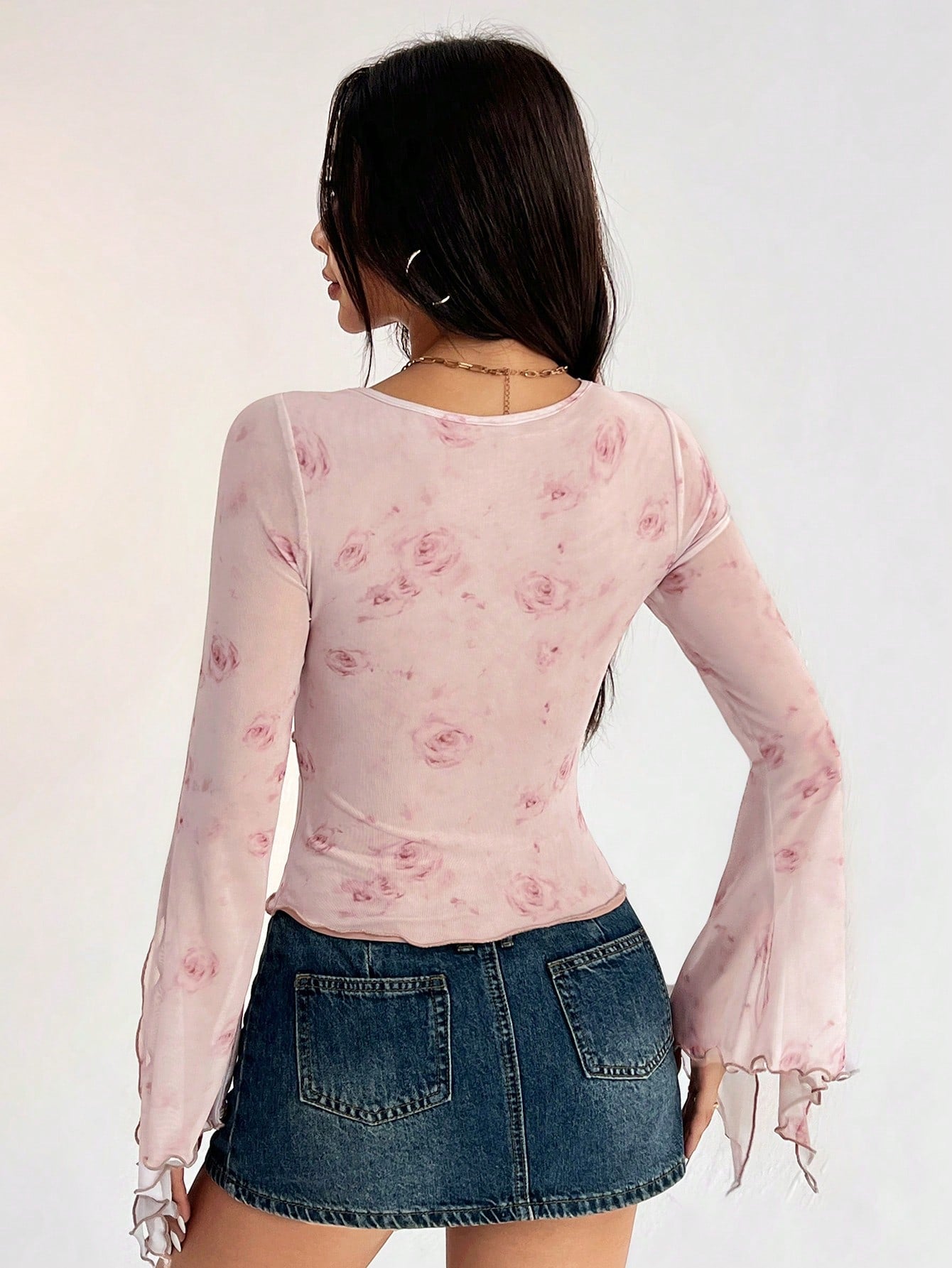SHEIN PETITE Camiseta de manga acampanada con estampado floral y lazo delantero, transparente, para mujeres
