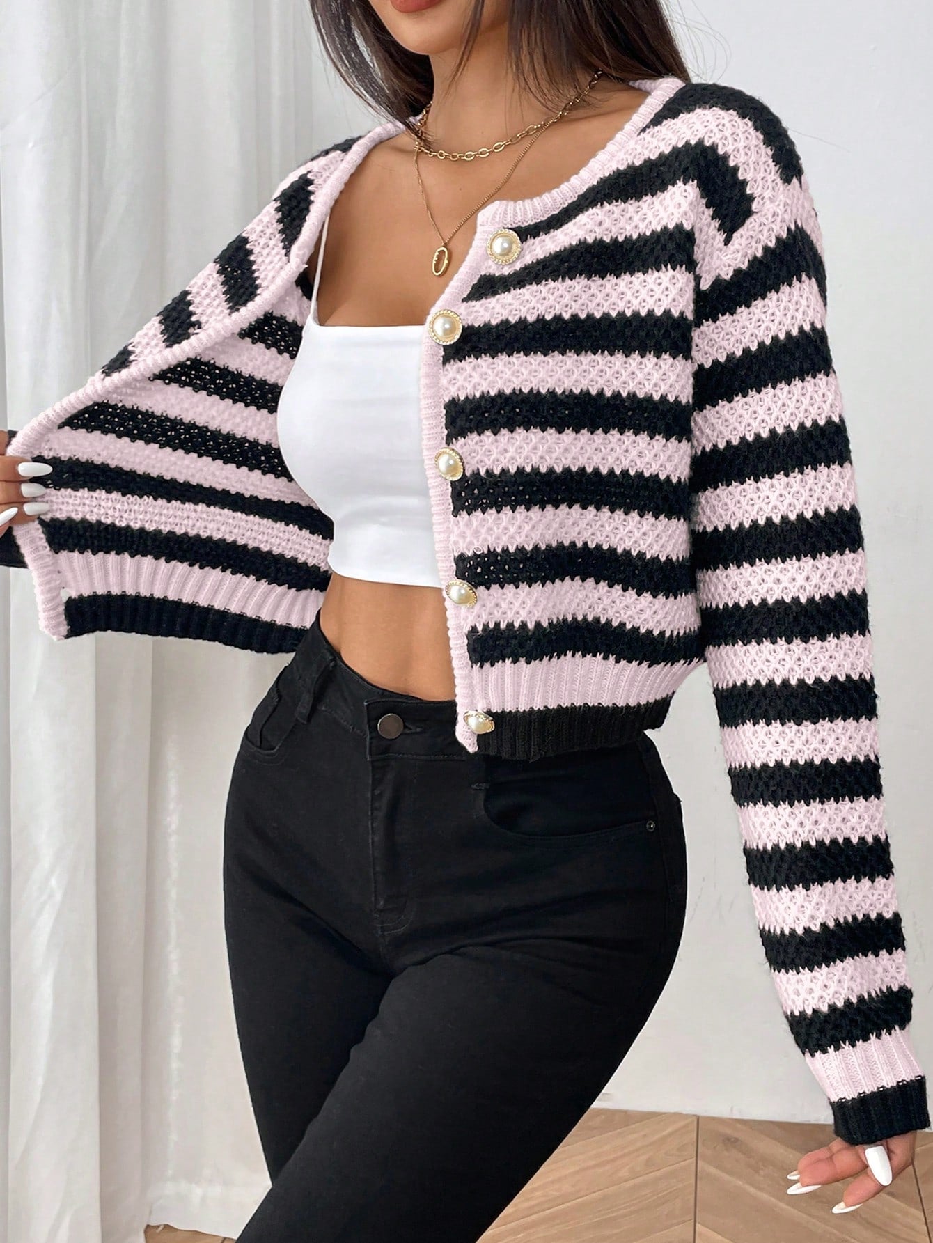 SHEIN PETITE Cárdigan casual de manga larga a rayas de color contrastante para mujer