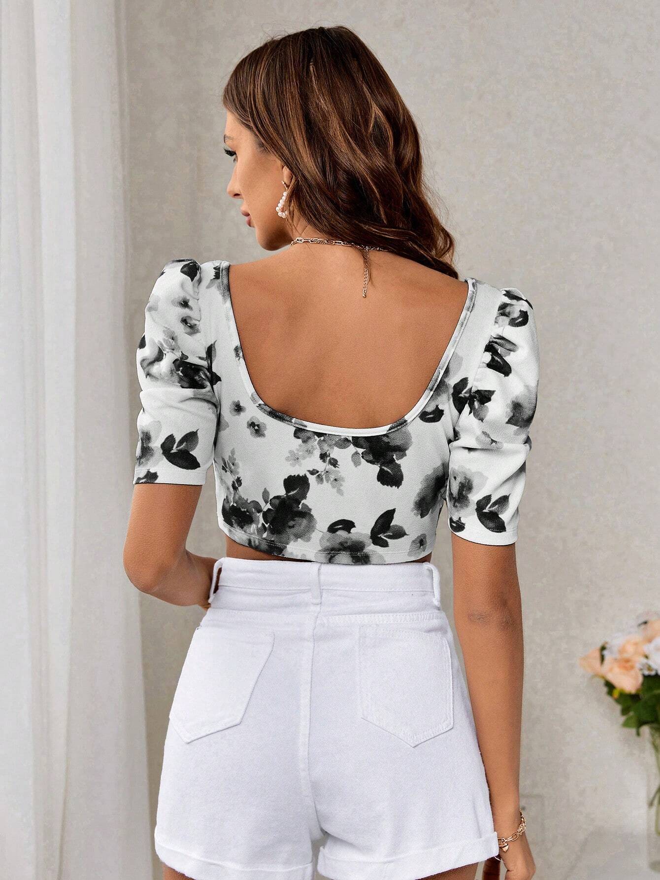 SHEIN Privé Camiseta corta de manga abullonada con cuello cuadrado para mujer con dobladillo asimétrico