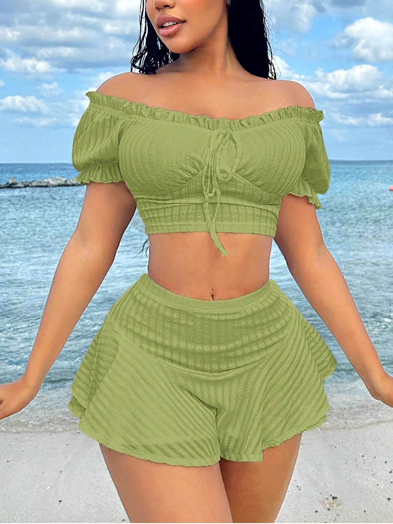 SHEIN SXY Conjunto de vacaciones de verano de dos piezas con mangas de princesa, volantes y blanco para mujeres