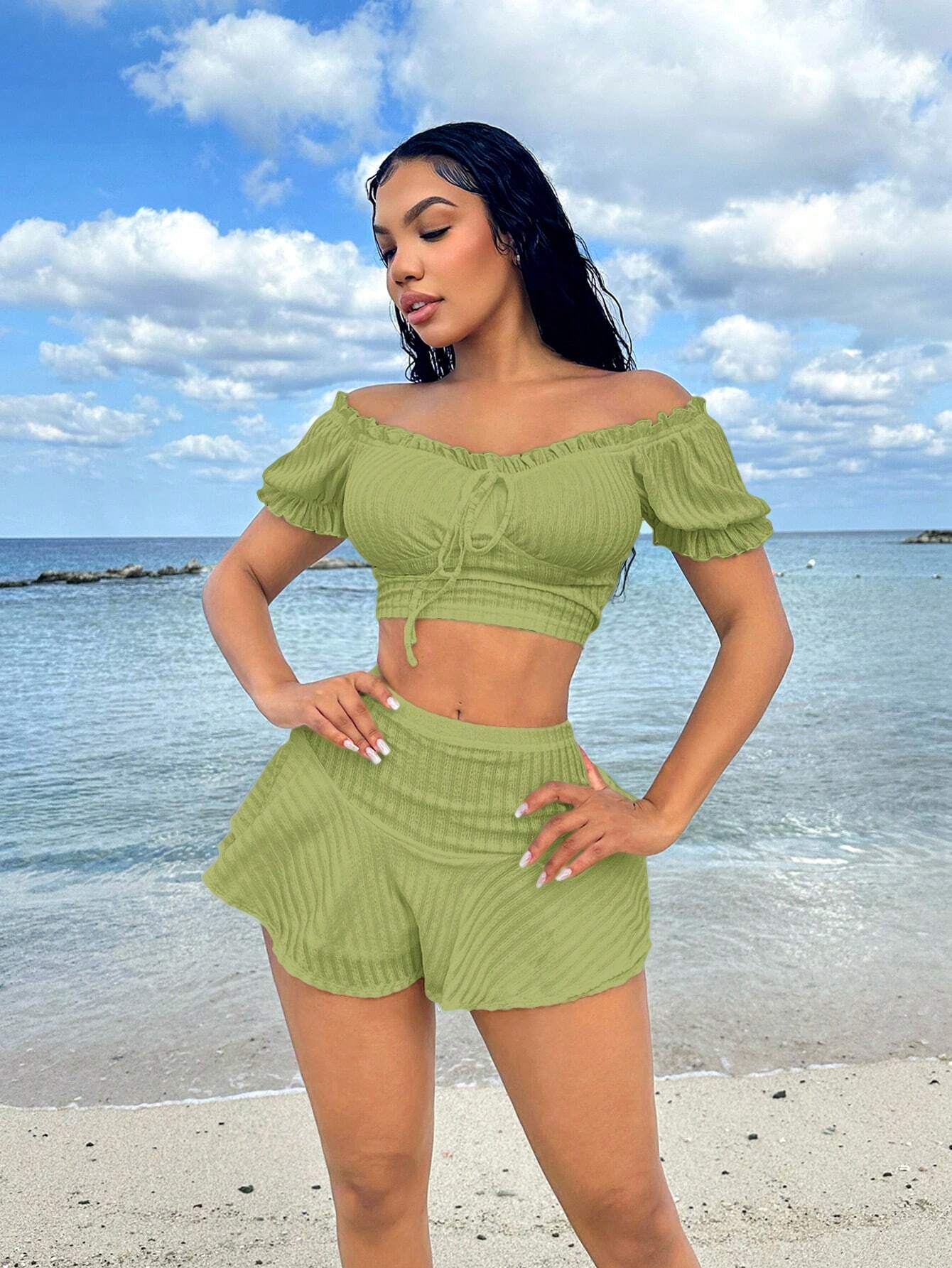 SHEIN SXY Conjunto de vacaciones de verano de dos piezas con mangas de princesa, volantes y blanco para mujeres