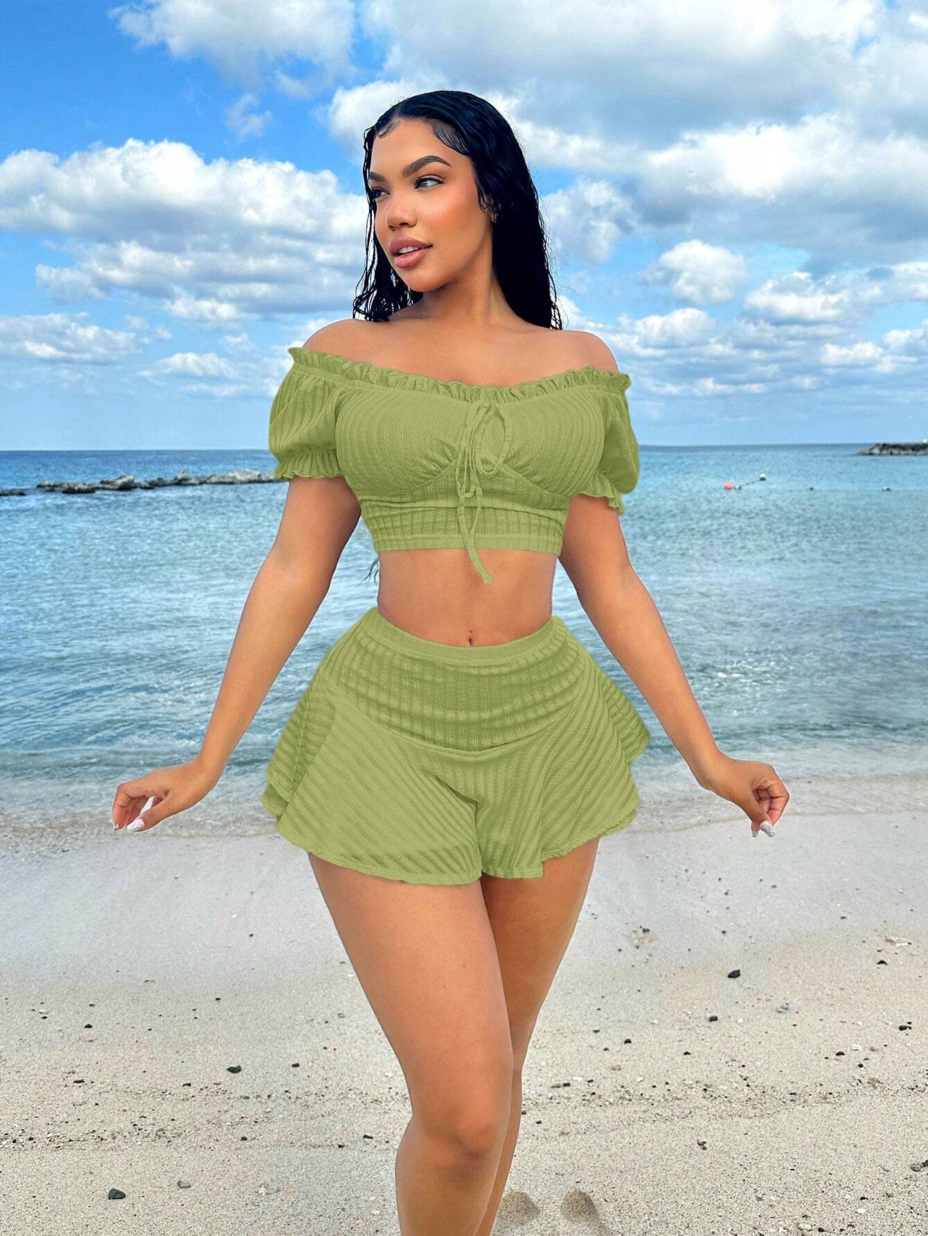 SHEIN SXY Conjunto de vacaciones de verano de dos piezas con mangas de princesa, volantes y blanco para mujeres