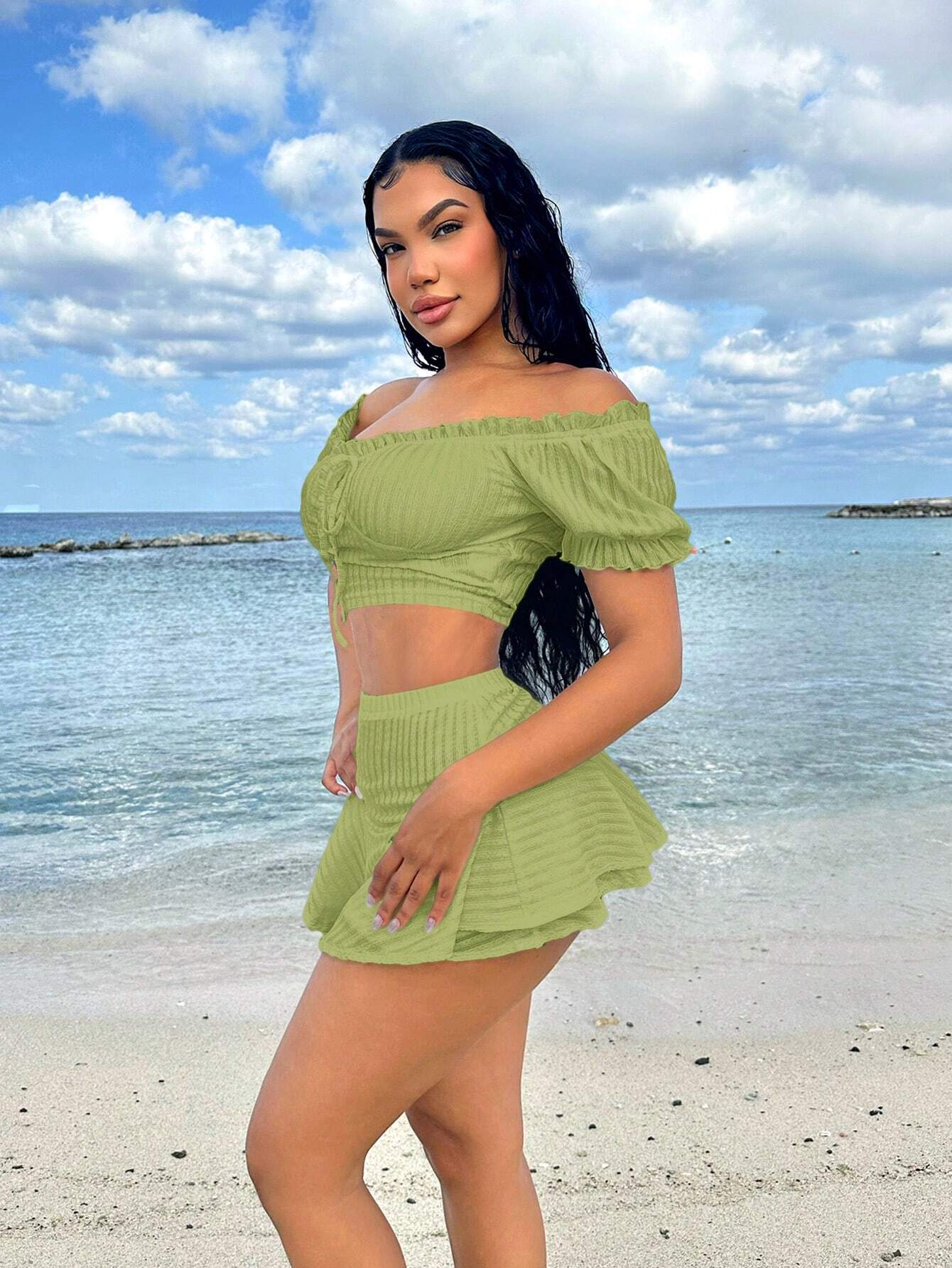 SHEIN SXY Conjunto de vacaciones de verano de dos piezas con mangas de princesa, volantes y blanco para mujeres