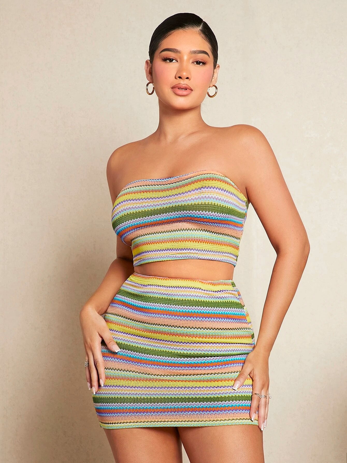 SHEIN SXY con estampado de rayas Top bandeau & Falda ajustada - Conjunto