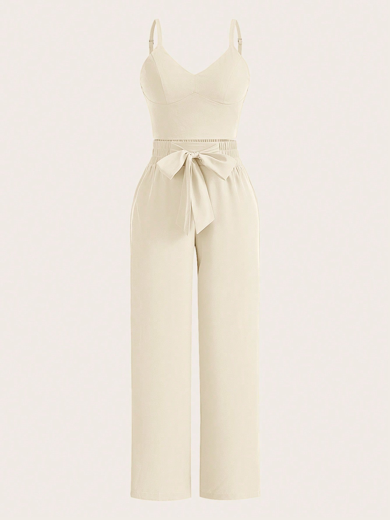 SHEIN Slayr Conjunto de dos piezas elegante para mujer con top corto de tirantes y pantalones de pierna ancha con cinturón de moño, color amarillo