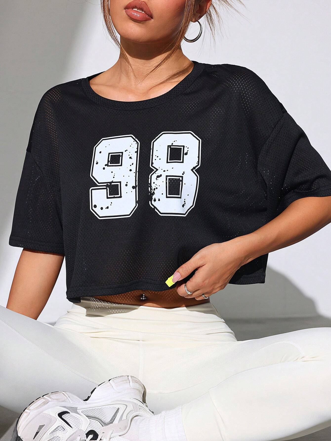 SHEIN Sport Easify Camiseta deportiva de manga corta con cuello redondo y estampado digital de moda para mujer