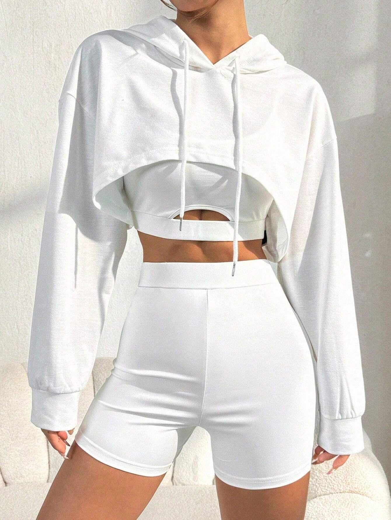 SHEIN Sport Easify Conjunto de 3 piezas que incluye sudadera corta con capucha + top ajustado con tirantes + shorts ajustados