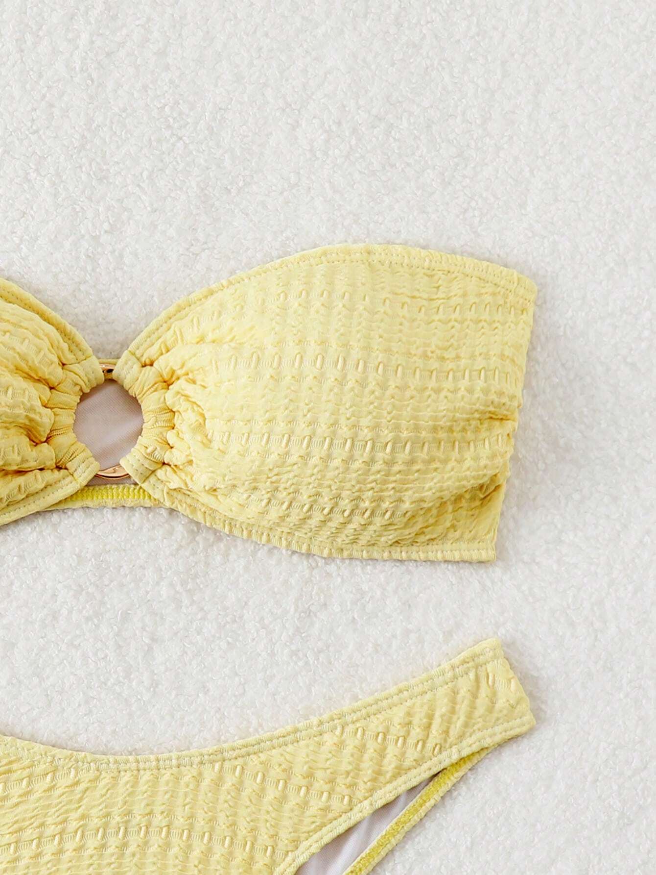 SHEIN Swim Conjunto de bikini bandeau de unicolor para mujer, traje de baño amarillo de playa de verano