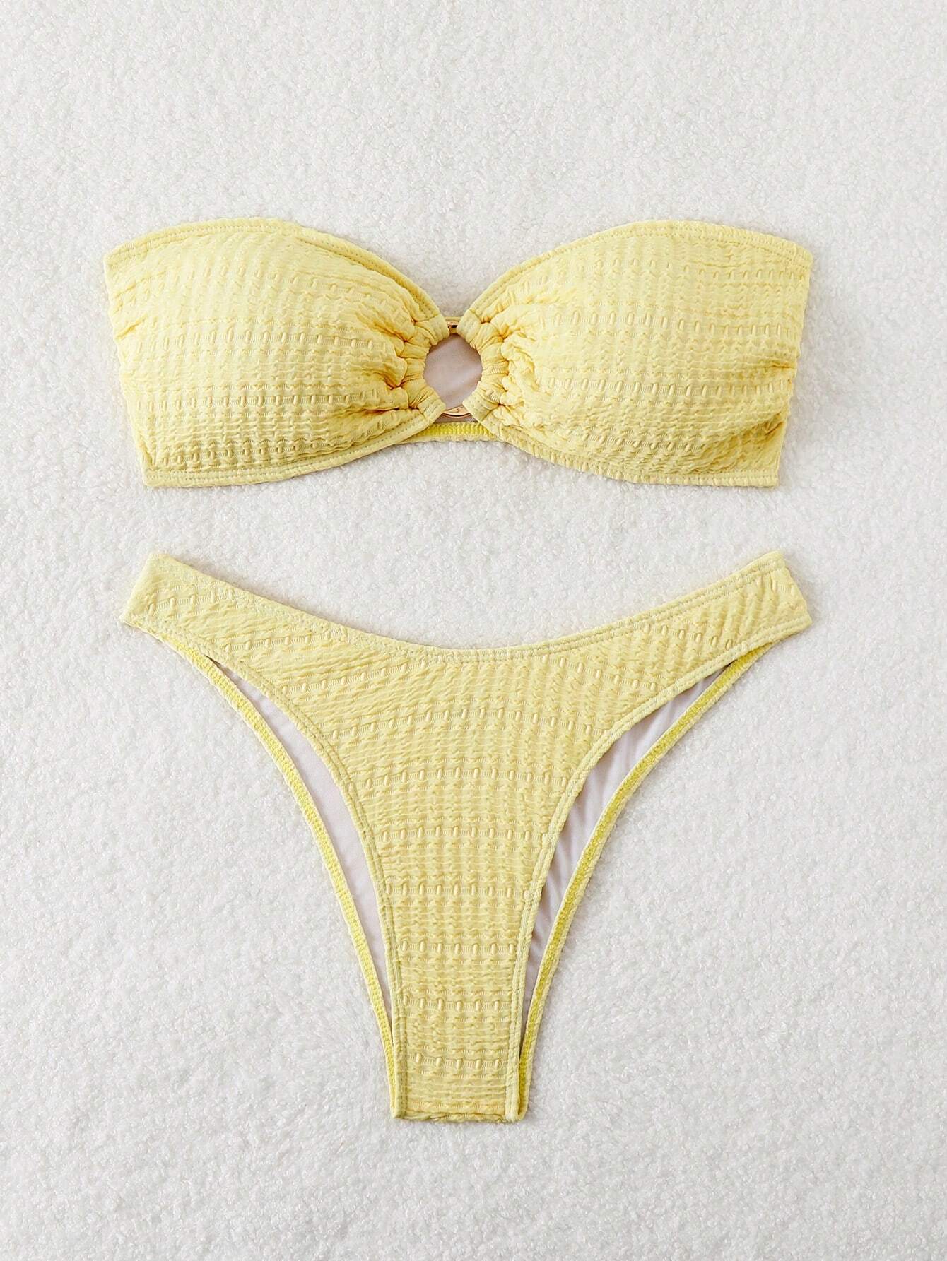 SHEIN Swim Conjunto de bikini bandeau de unicolor para mujer, traje de baño amarillo de playa de verano