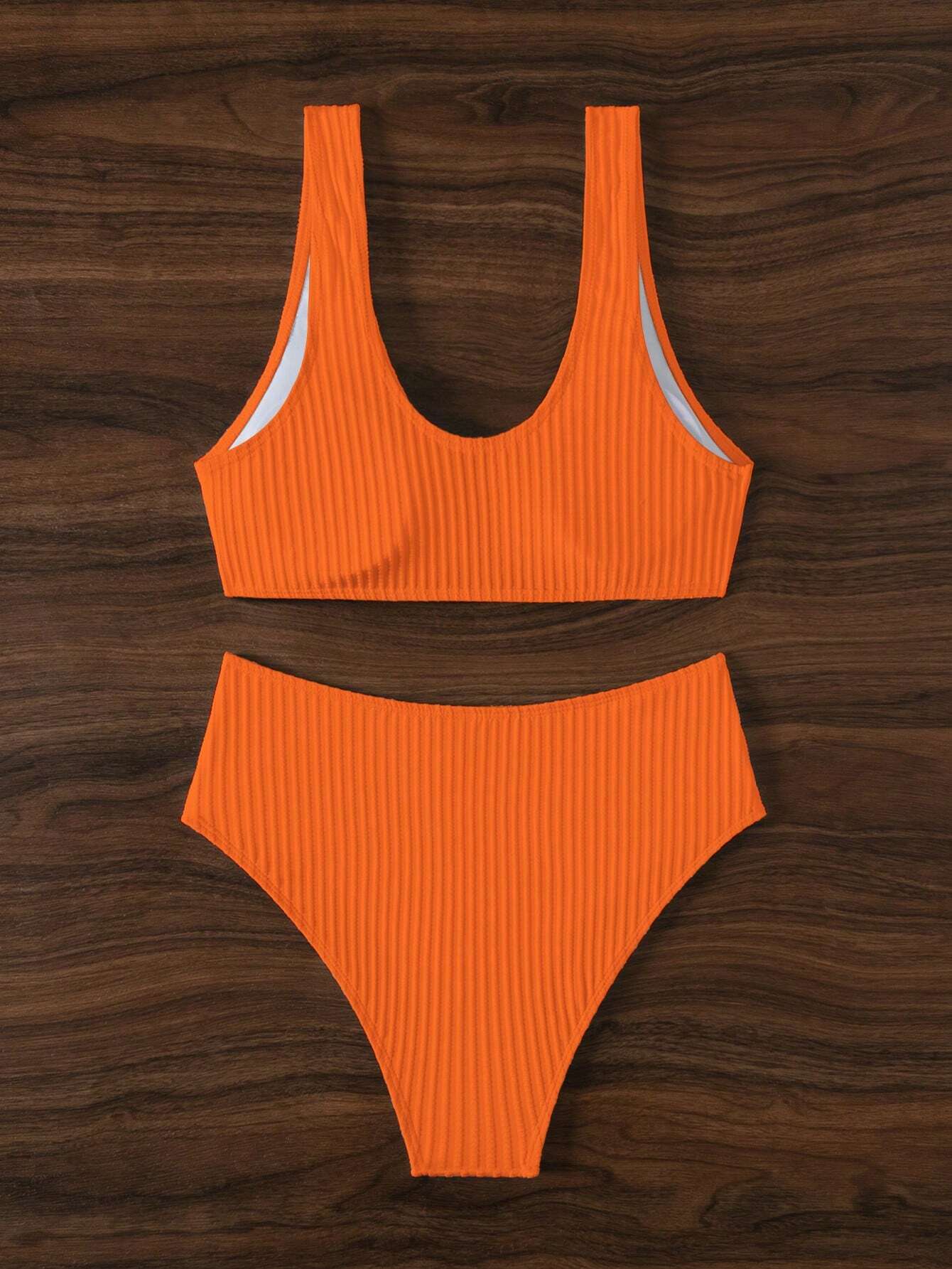 SHEIN Swim Conjunto de bikini naranja para mujer con detalles fruncidos, traje de baño de dos piezas para playa de verano