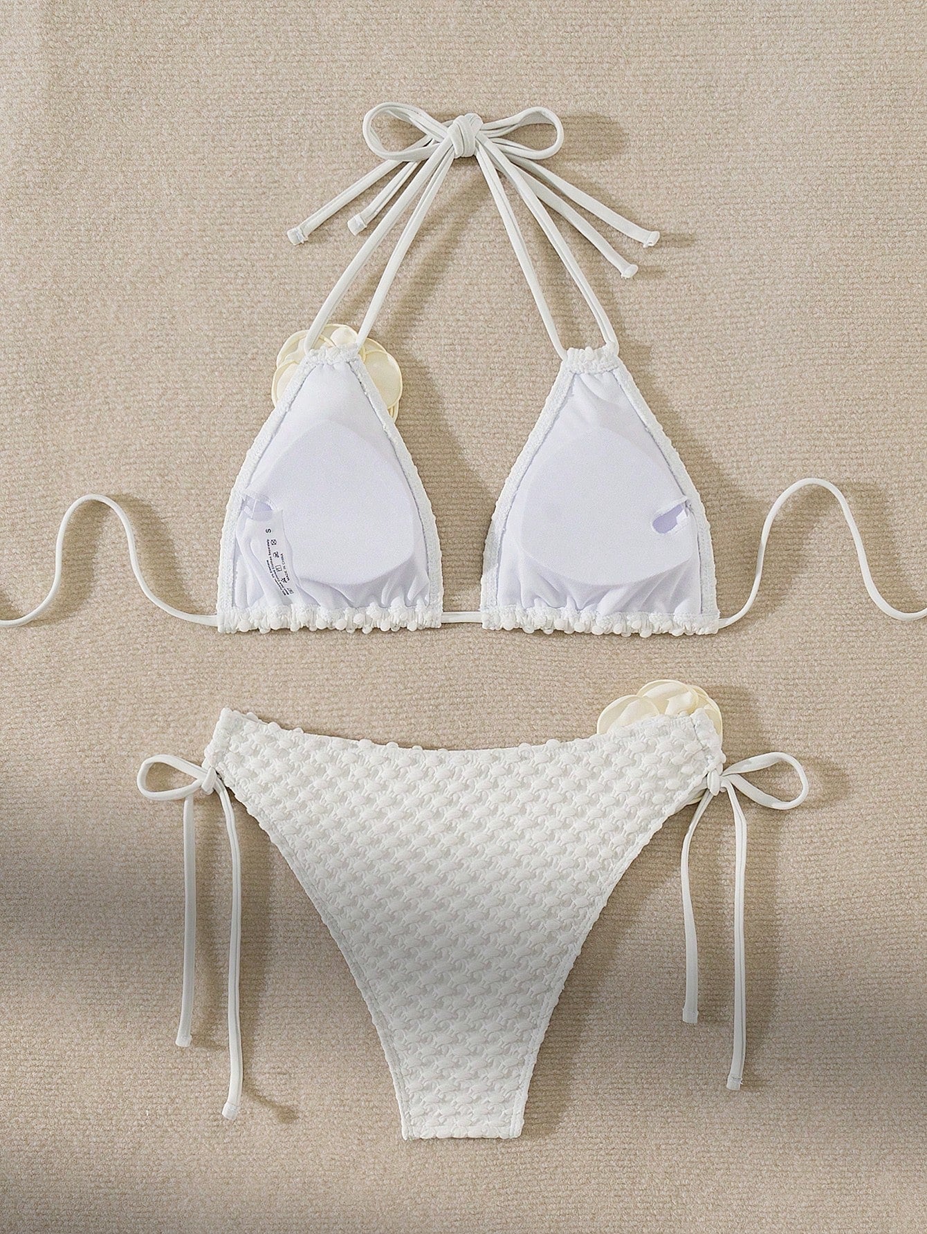SHEIN Swim Conjunto de bikini sexy con decoración floral, cuello de halter y lazos, para mujer, verano y playa