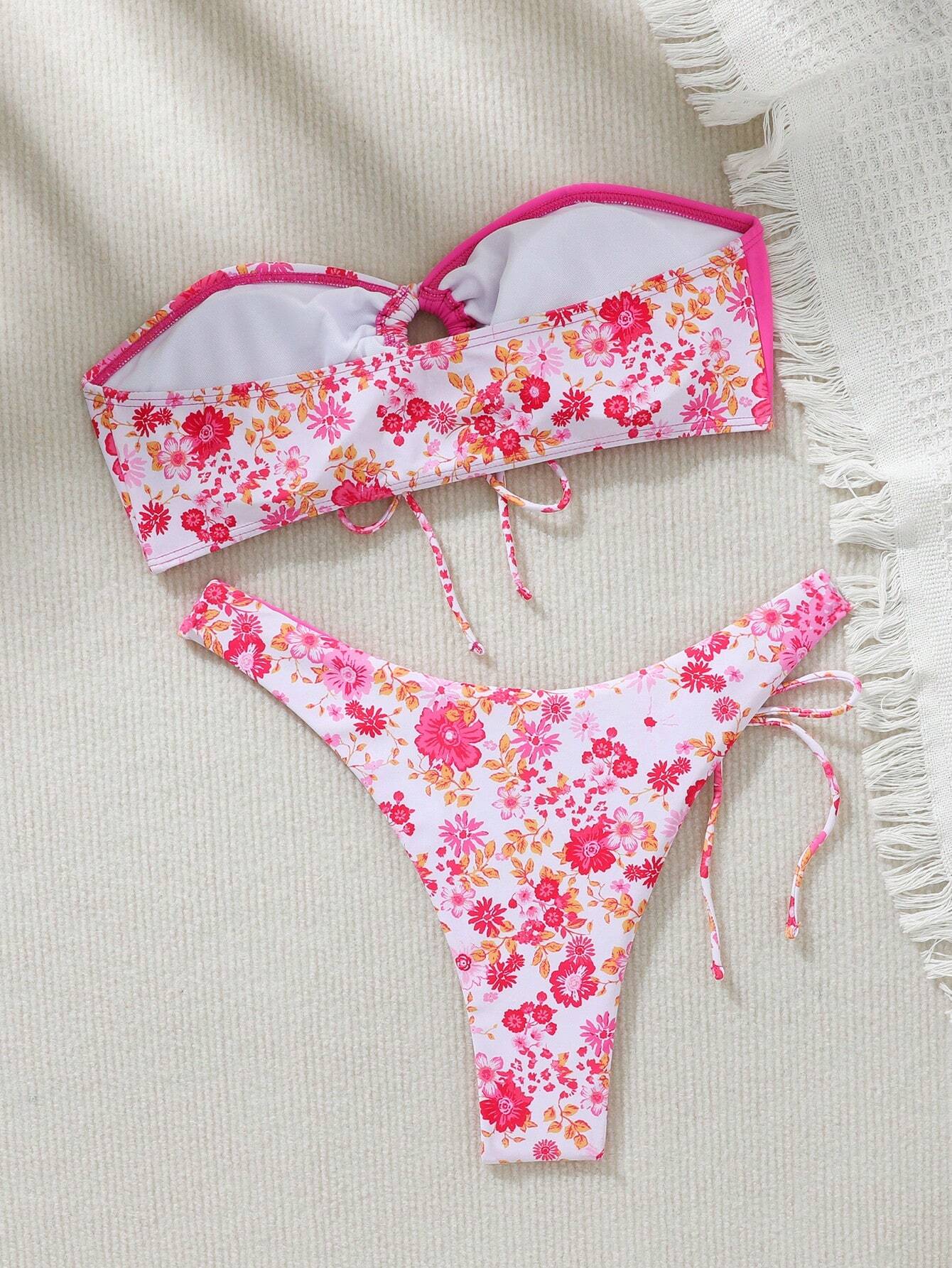 SHEIN Swim Mod Conjunto de bikini para mujer con bandeau fruncido sin tirantes con sujetador y conjunto de bikini con atadura en la cintura para vacaciones de verano en la playa